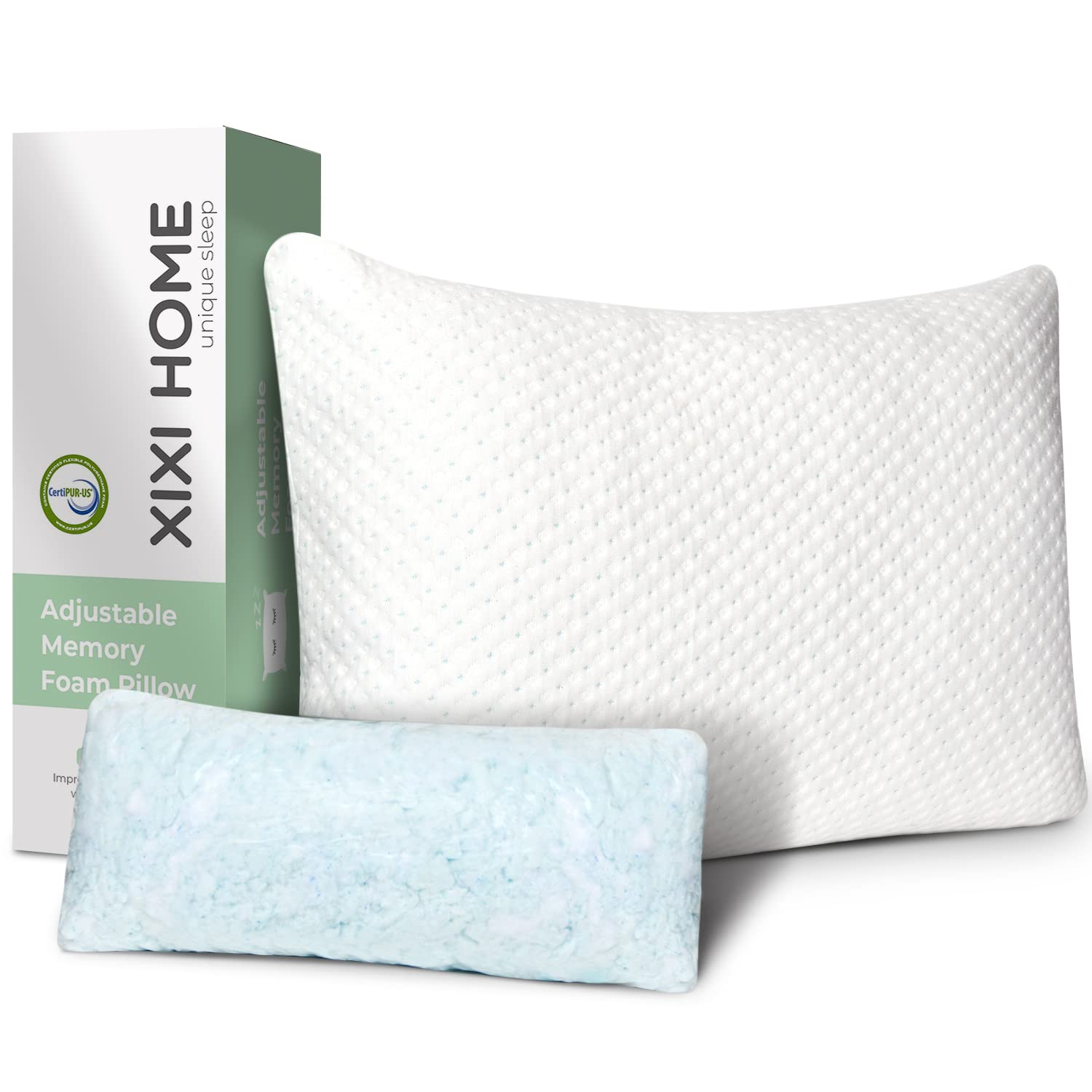 HEBA Shredded Memory Foam Pillow for Sleeping - Adjustable Comfort Pillow with Washable Bamboo Cover, CertiPUR-US Certified, Queen Size, White - Perfect for Back & Side Sleepers, Neck Pain Relief & Better Sleep