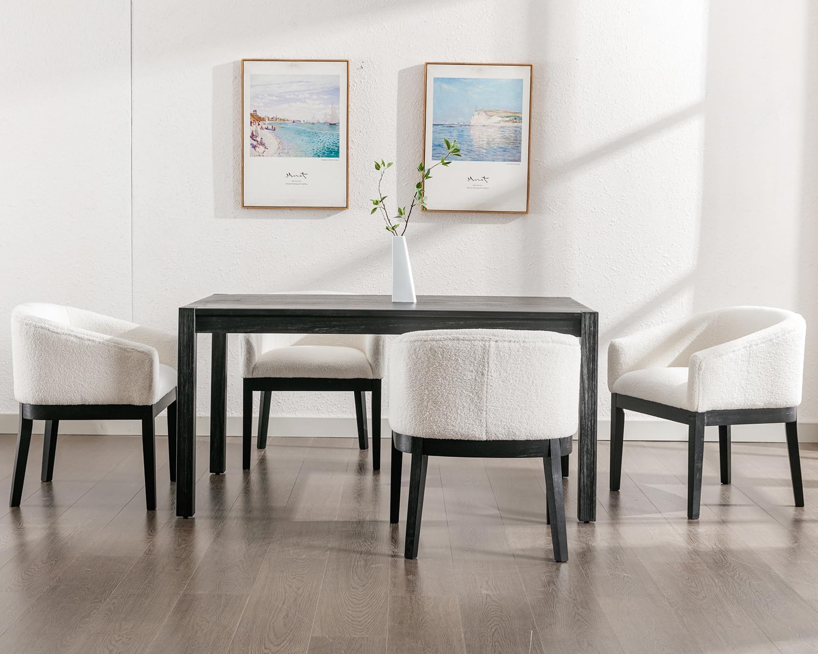 Mid Century Modern Upholstered Barrel Dining Chairs Set of 2 - Farmhouse Style Faux Sherpa Kitchen & Dining Room Chairs with Black Hardwood Frame - 18