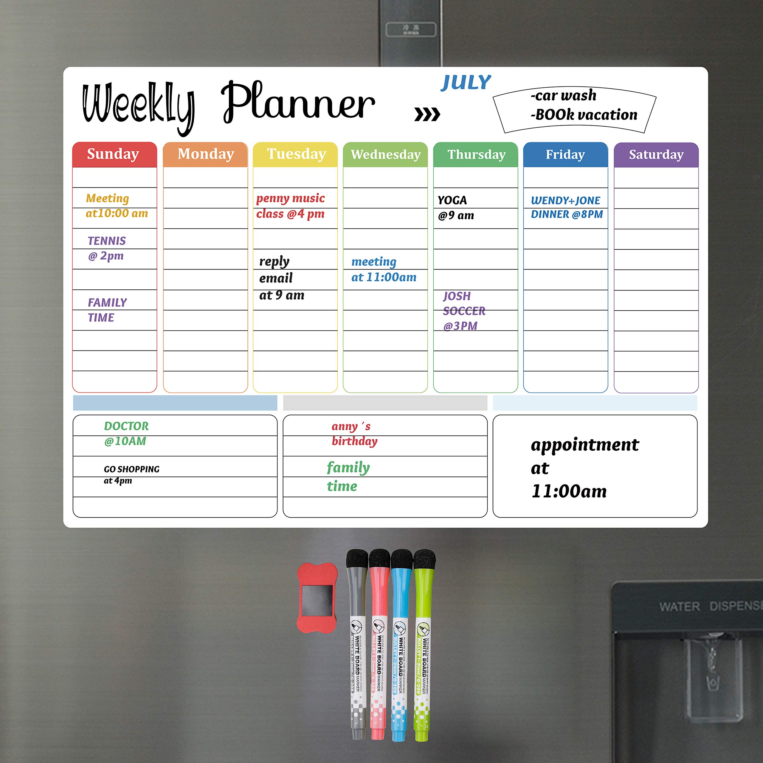Magnetic Dry Erase Board for Refrigerator - Weekly Fridge Calendar Whiteboard with 4 Markers & 1 Eraser - Perfect for Kitchen Organization, Meal Planning & Family Reminders