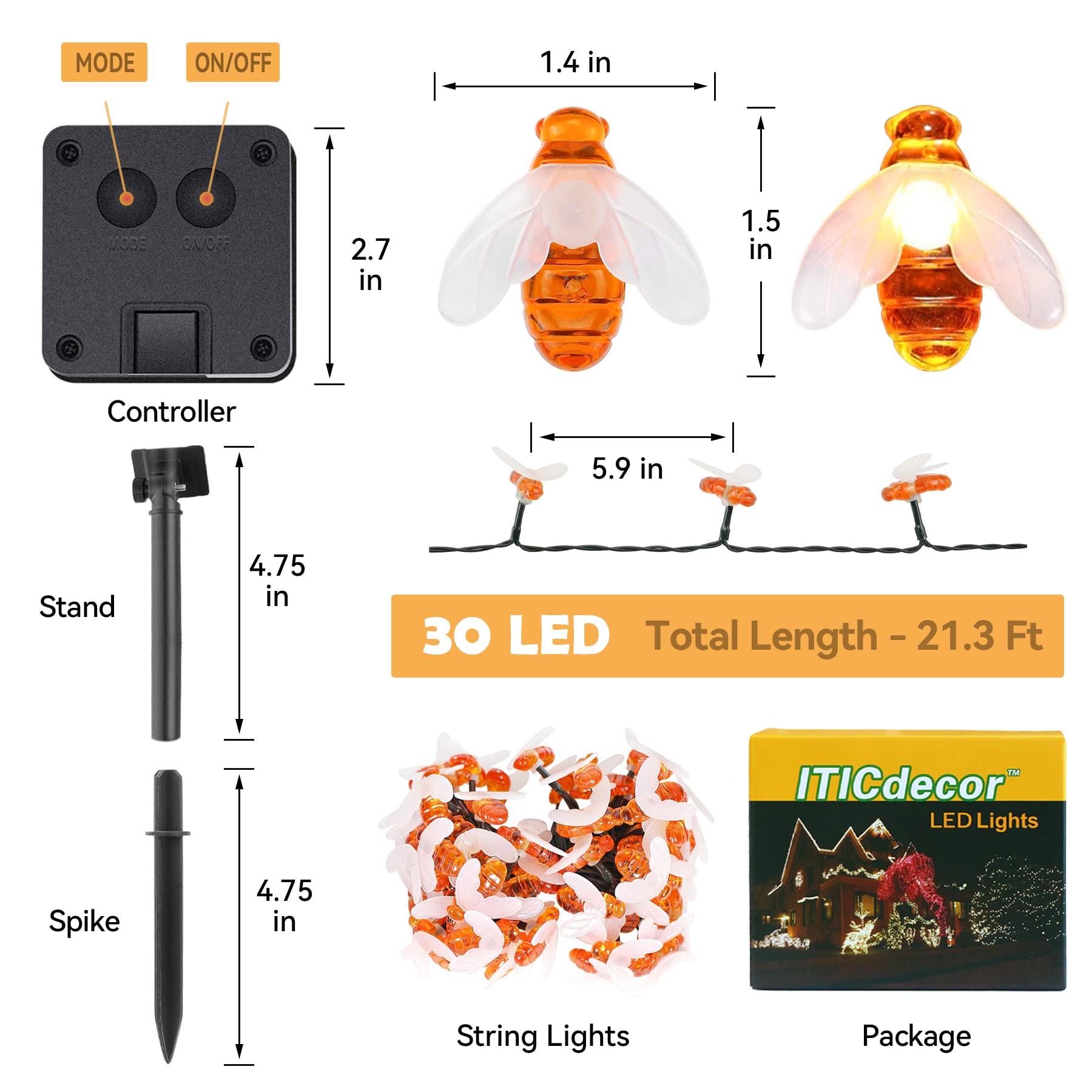 Solar Bee String Lights 30 LED - Waterproof Outdoor Fairy Lights for Garden, Wedding, Party