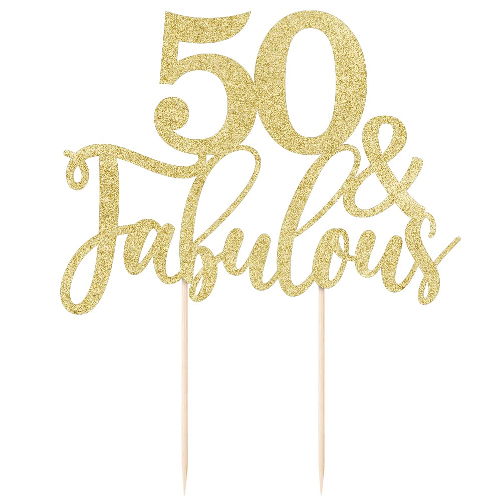 50th Birthday Cake Topper - Golden Glitter '50 & Fabulous' Cake Decoration for Women, 50th Anniversary Party Supplies - Perfect for Milestone Birthday Cakes, Cupcakes & Dessert Tables