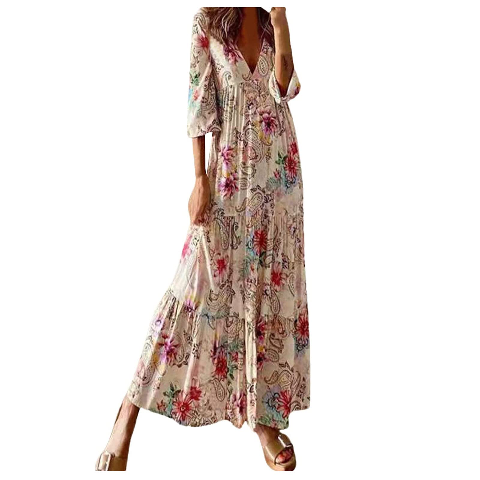 Yoeyez Women's Floral Chiffon Maxi Dress - Deep V Neck, 3/4 Sleeve Summer Beach Dress for Casual Wear & Wedding Guest Outfits | Perfect for Vacations, Parties & Outdoor Events