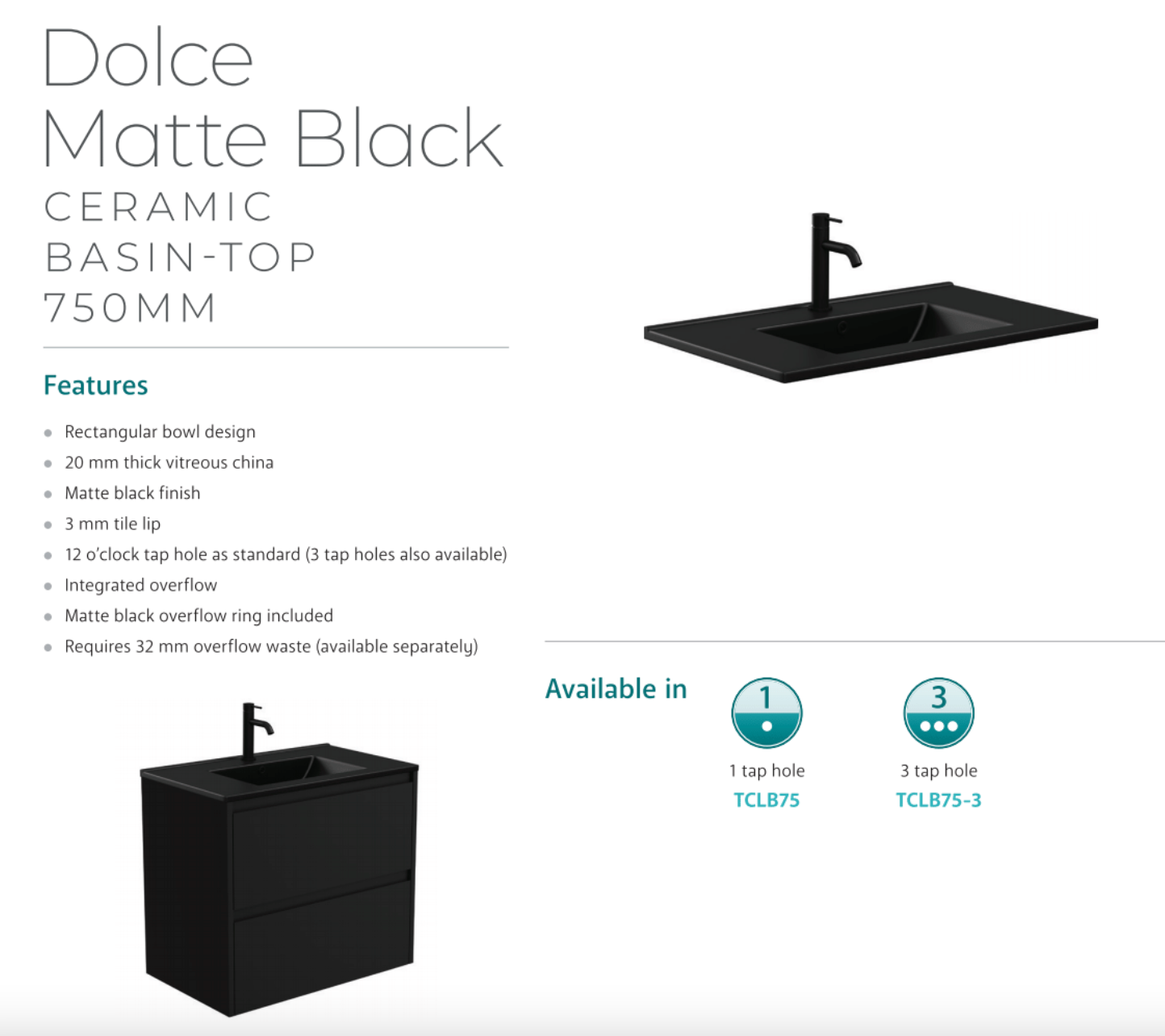 Fienza TCLB75RW 750 Dolce Matte Black & Alina Satin White Wall-Mounted Bathroom Vanity Set - Modern Floating Vanity with Sink for Small Bathrooms & Powder Rooms