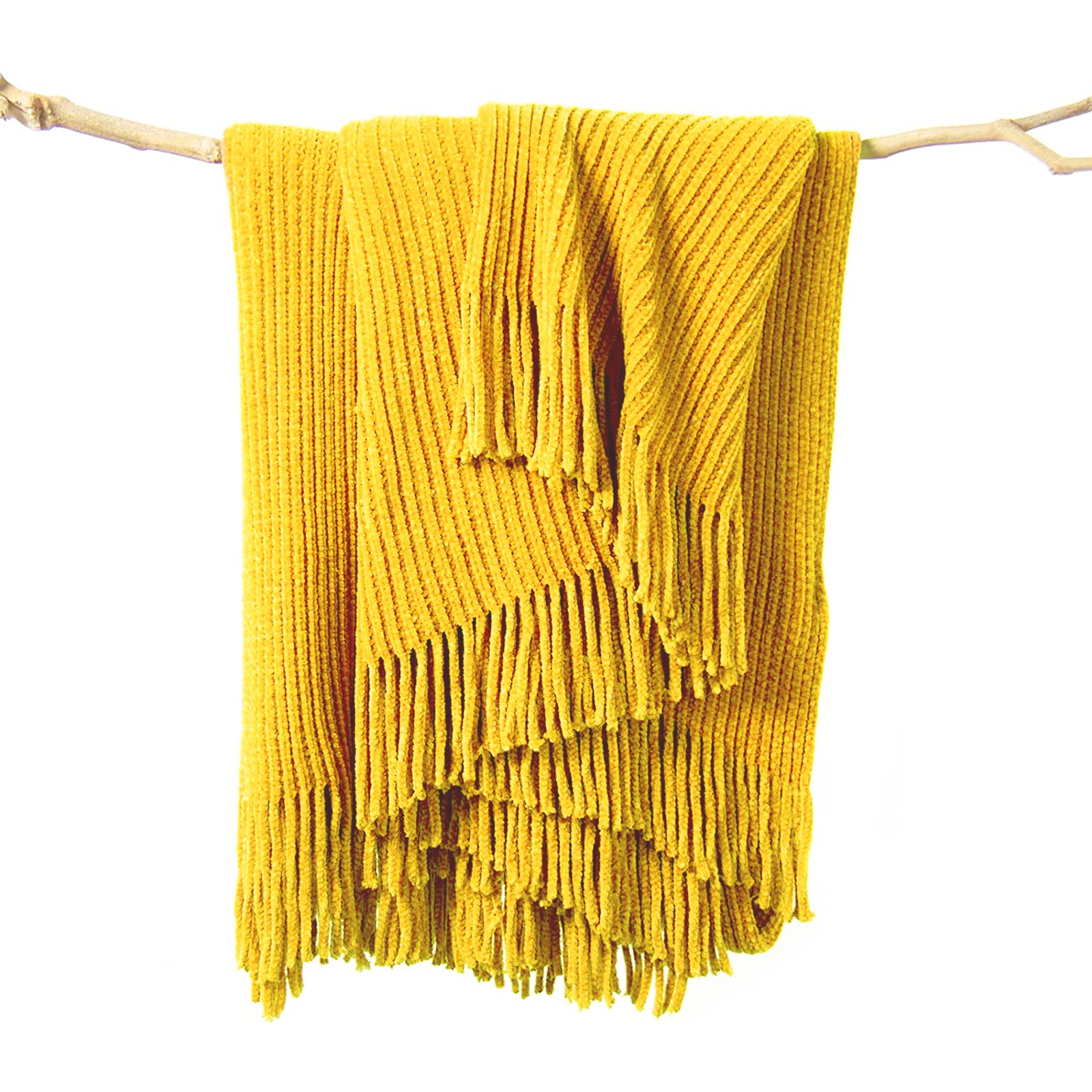 LIFEIN Yellow Boho Throw Blanket - Soft Chenille Knitted Blanket for Couch, Sofa & Bed | Lightweight Farmhouse Decor Blanket (50x60 inches) - Perfect for Cozy Evenings, Living Room Accent & Seasonal Home Styling