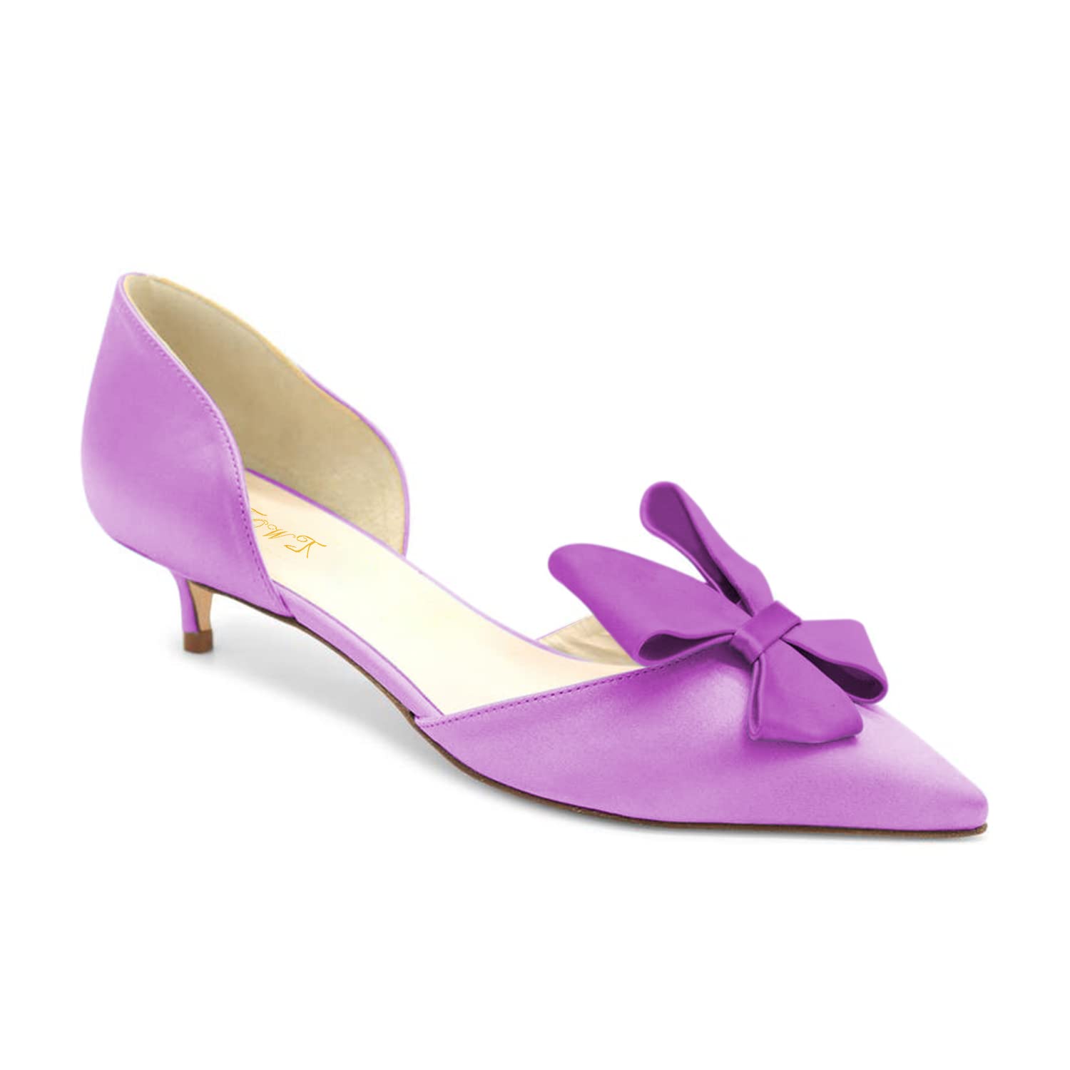 FOWT Women's Elegant Satin Bow D'Orsay Kitten Heel Pumps - 2 Inch Low Heel Pointed Toe Slip-On Dress Shoes for Party, Wedding & Office Wear - Sky Blue, US Size 4-16 (Medium Width)