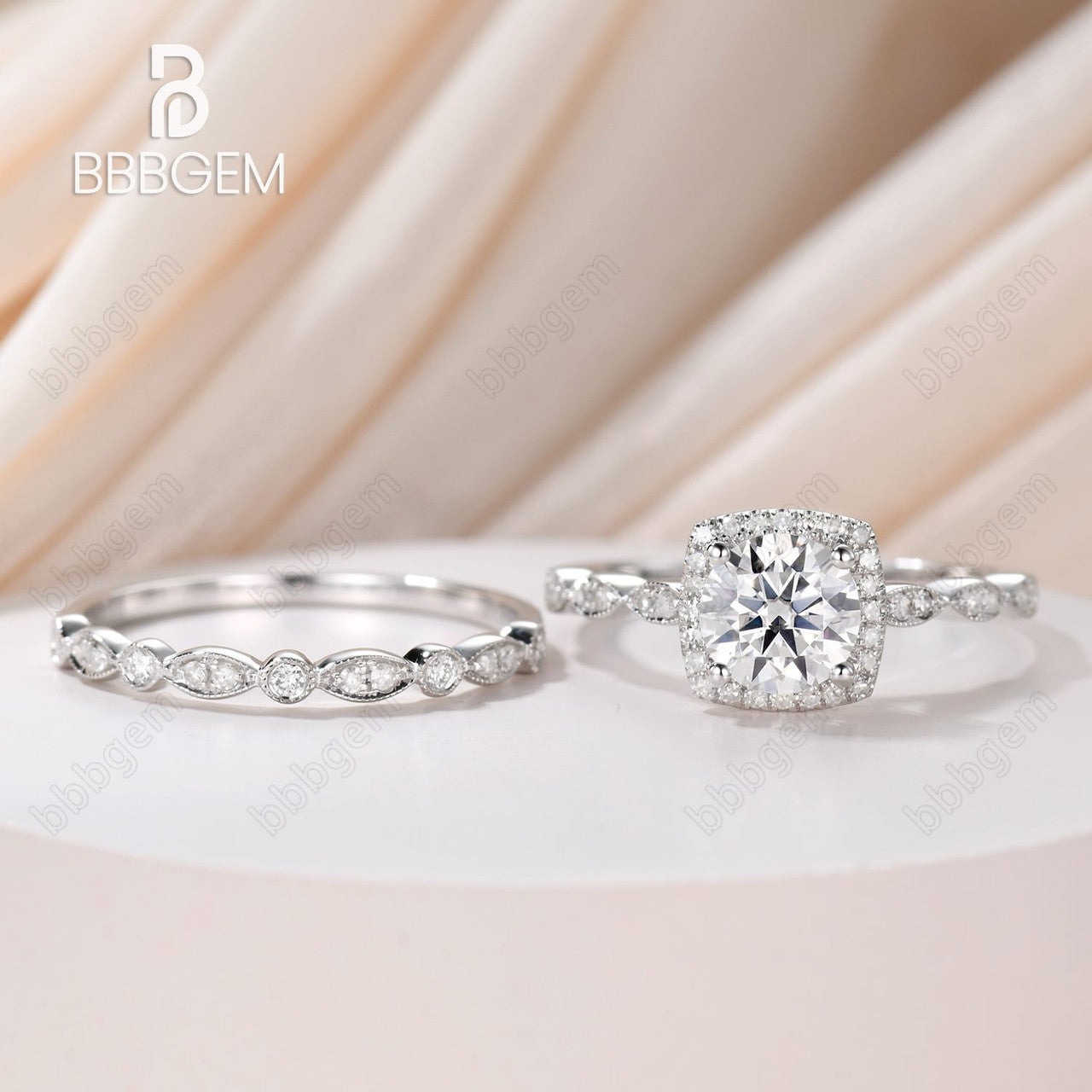 Art Deco Moissanite Engagement Ring Set with 6.5mm Round Cut & Cushion Diamond Halo - 14k White Gold Marquise Wedding Band for Women | Perfect for Proposals, Anniversaries & Bridal Jewelry