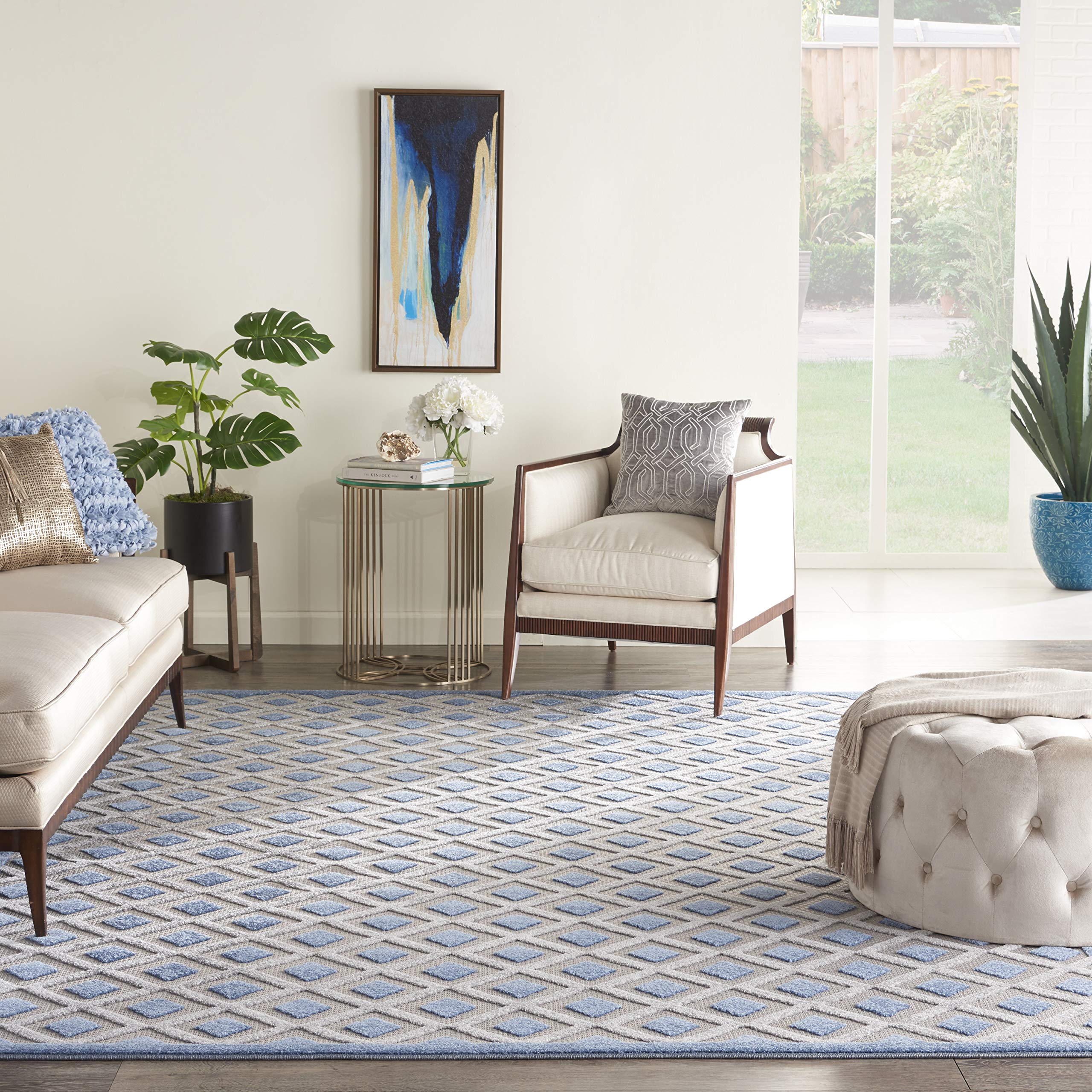 Nourison Aloha 12' x 15' Indoor/Outdoor Area Rug - Blue & Grey Striped Design, Easy Clean & Non-Shedding for Living Room, Bedroom, Dining Room | Perfect for Patio, Deck & Backyard Use