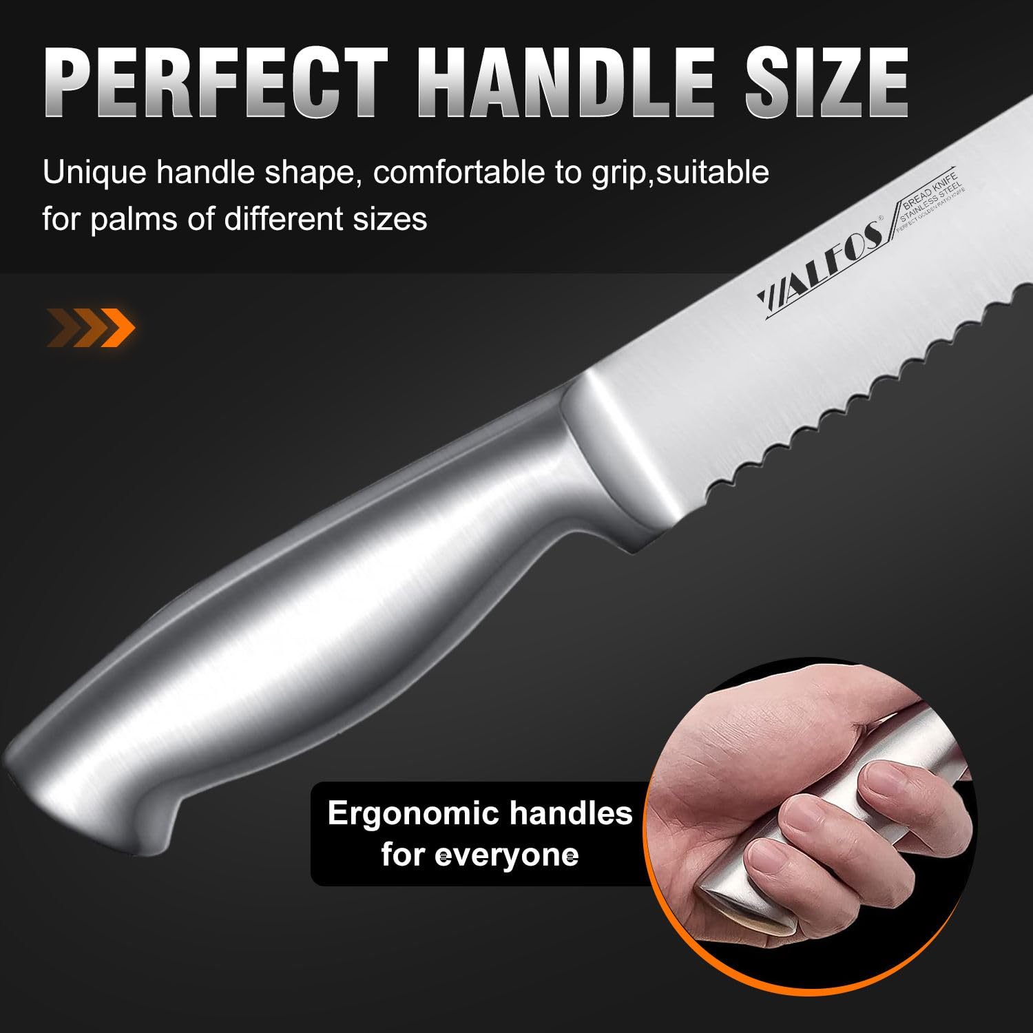 Walfos 8-Inch Stainless Steel Serrated Bread Knife - Ultra Sharp Kitchen Knife with Ergonomic Handle for Slicing Bread, Bagels, Cakes - Perfect for Home Baking, Restaurant Use & Gift Giving