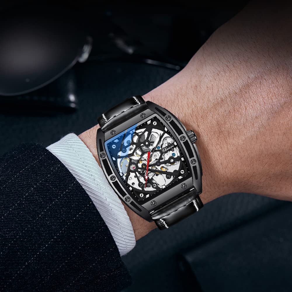 Tiong Sport Men's Automatic Mechanical Watch - Silver & Black Leather Strap Business Watch for Men | Perfect for Office, Formal Events & Everyday Wear