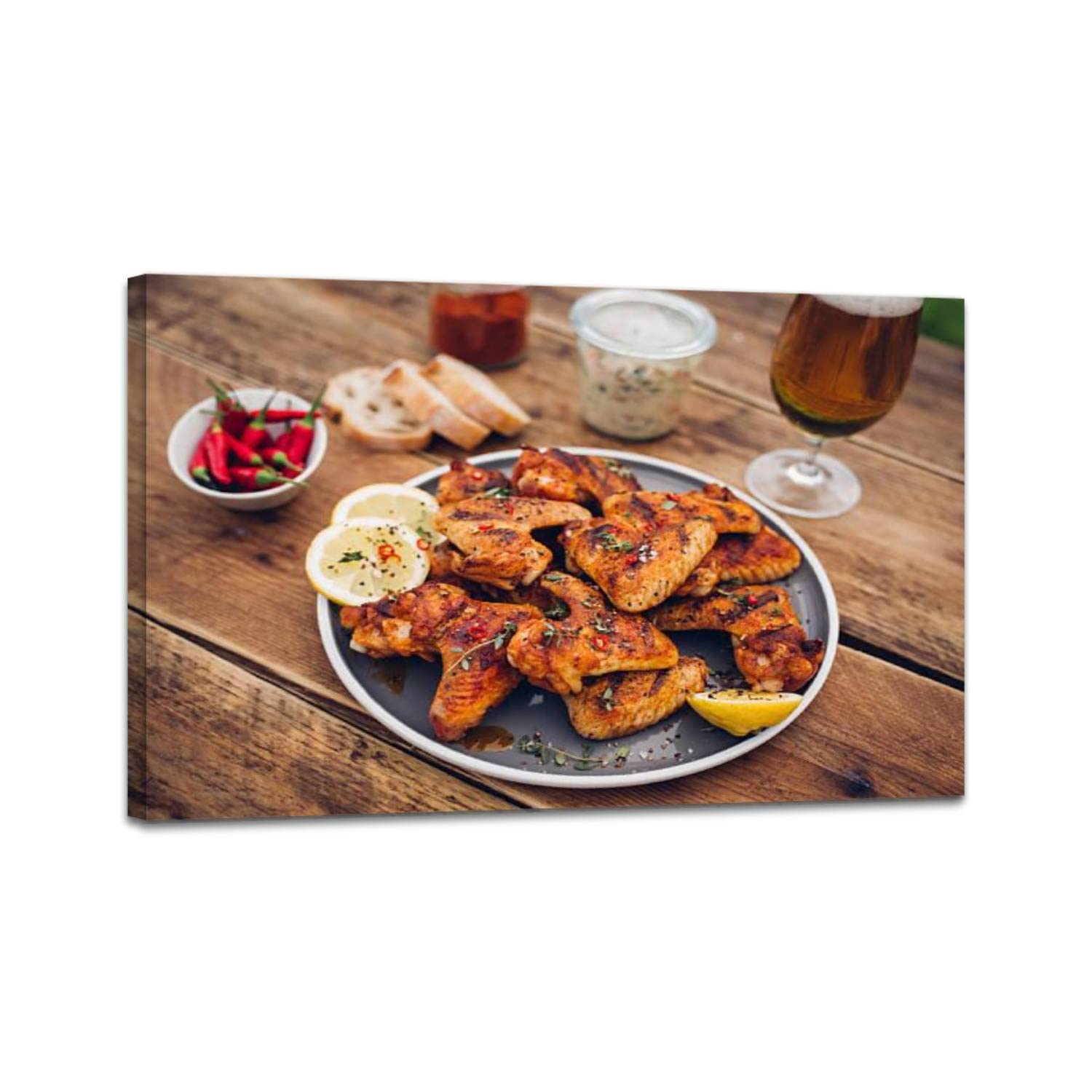 Spicy Chicken Wings with Condiments & Beer Framed Canvas Wall Art - Modern Kitchen, Dining Room, Bedroom & Office Decor - Perfect for Home, Restaurant & Bar Wall Decor