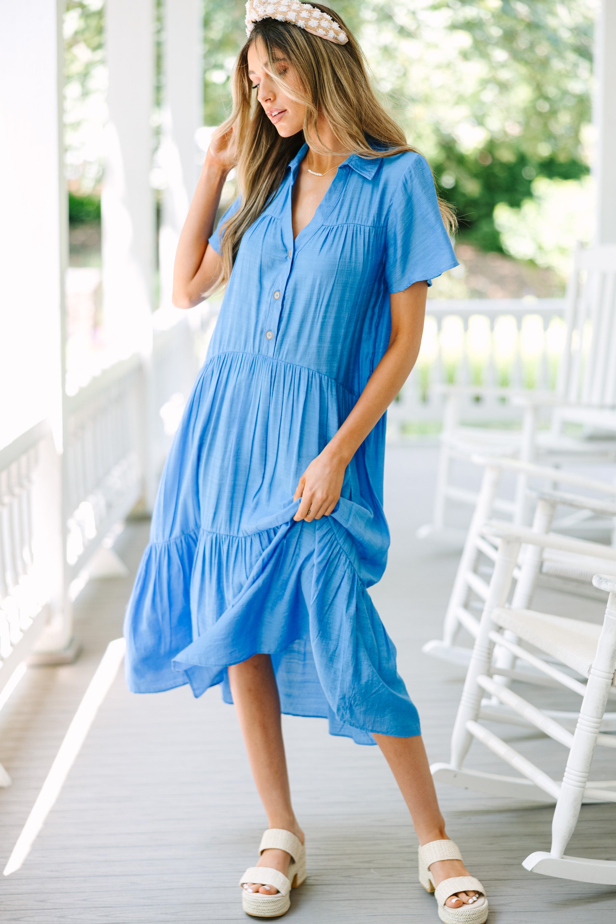 Crystal Blue Tiered Midi Dress for Women - Elegant Summer Casual & Party Wear - Perfect for Beach Vacations, Date Nights & Special Occasions
