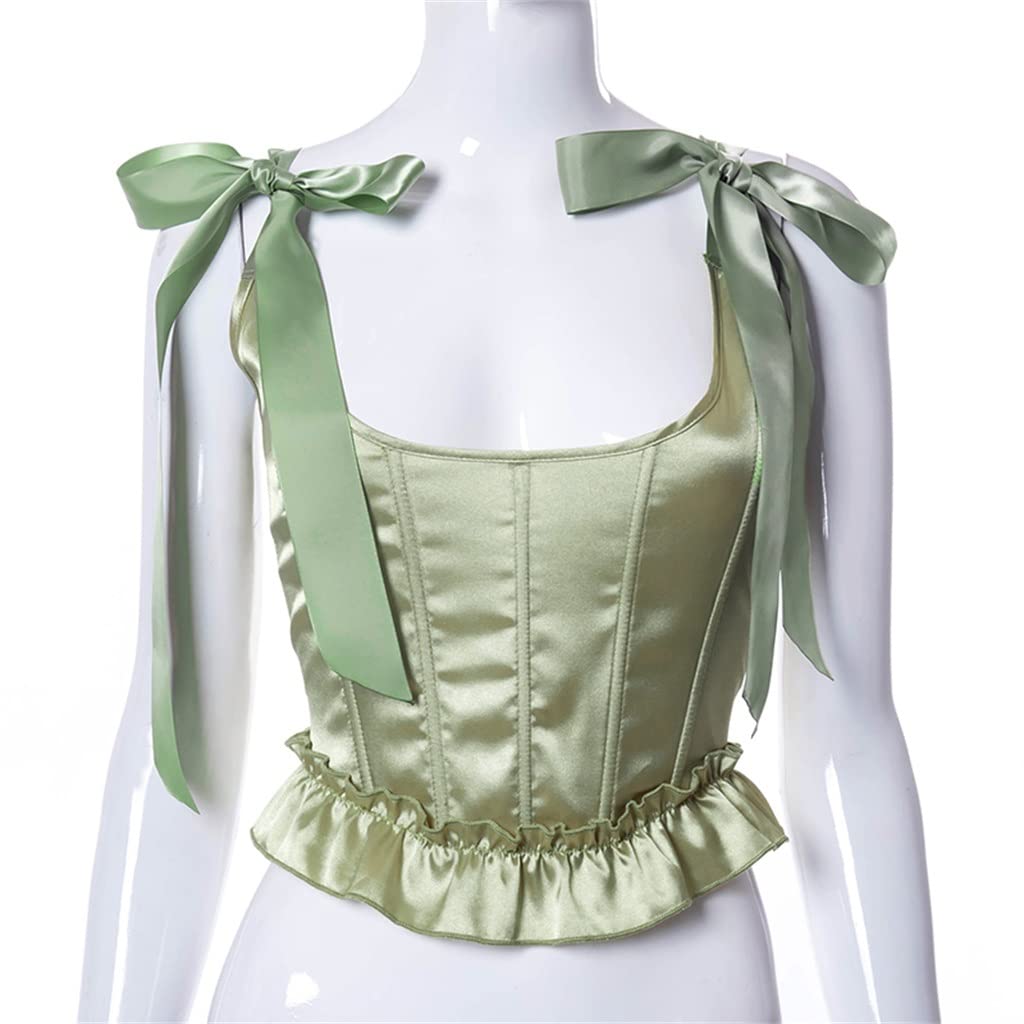 Sexy Women's Crop Tank Top - Cute Bow Tie Strap Sleeveless Criss Cross Lace-up Corset Top (Green, Size S) | Perfect for Summer Outfits, Beach Wear, and Nightclub Fashion