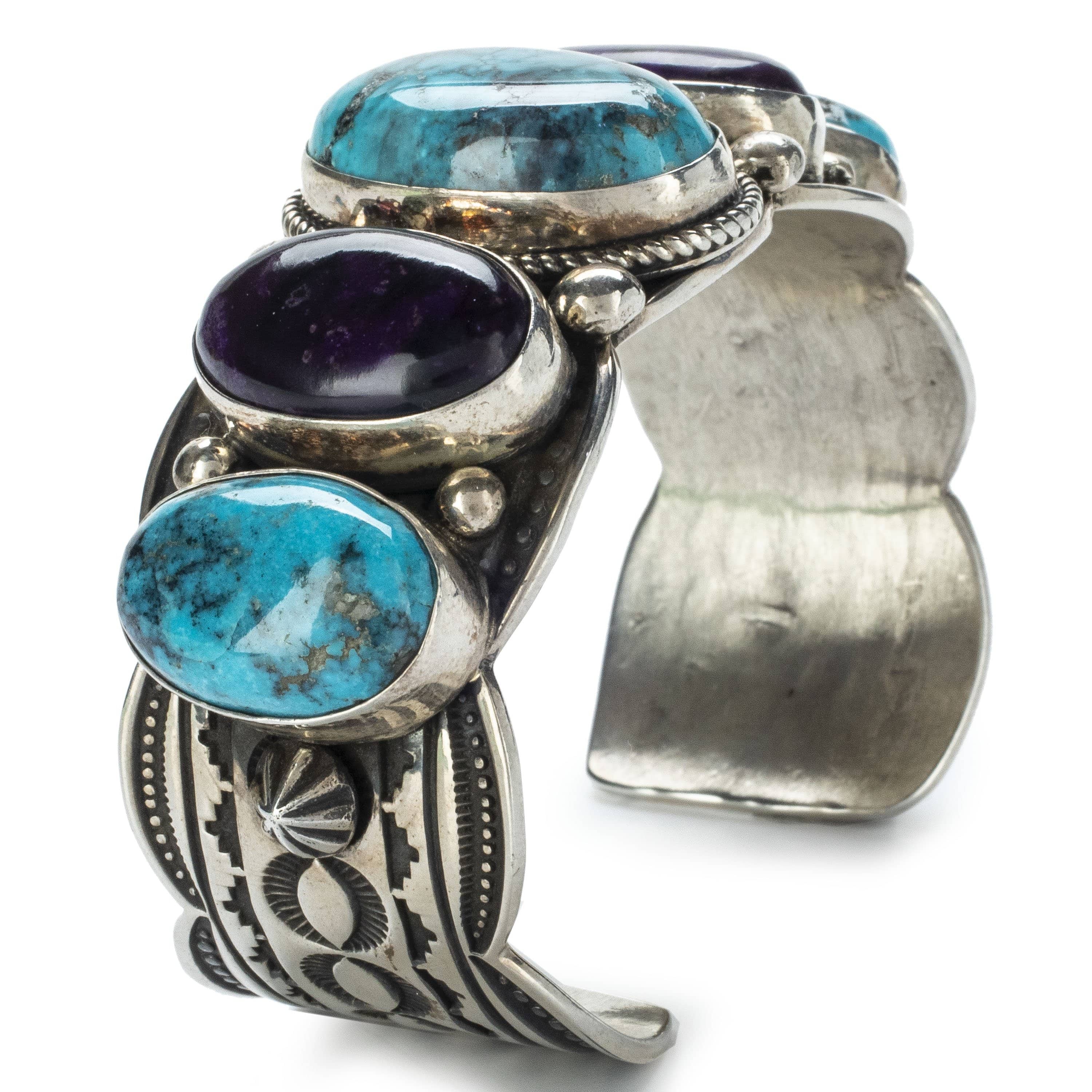 Authentic Native American Handmade 925 Sterling Silver Cuff Bracelet with Lone Mountain Turquoise and Sugilite - Southwest Jewelry for Women & Men, Perfect for Boho Fashion, Gift Giving and Special Occasions