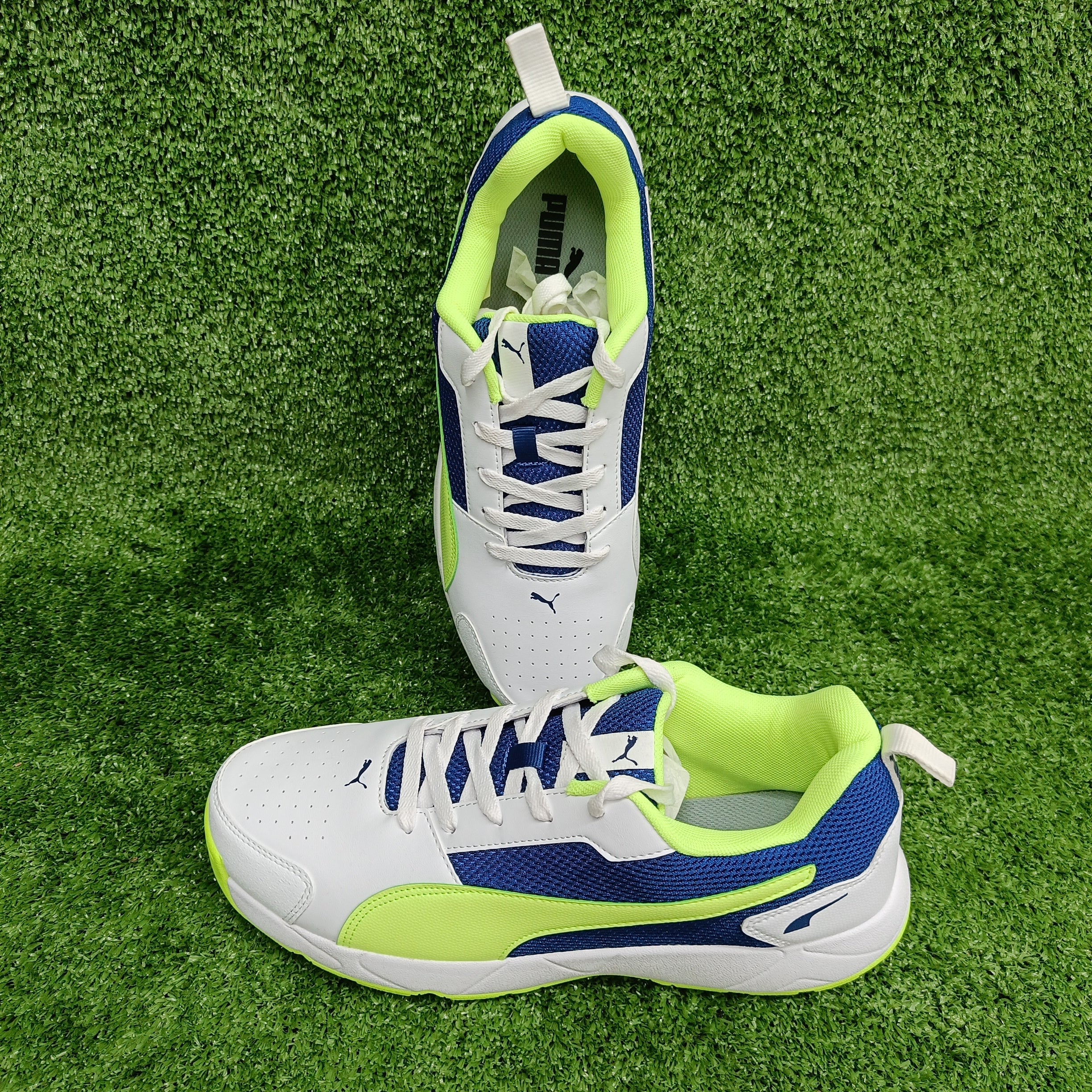 Puma Men's White Blazing Blue Fast Yellow Cricket Shoes - Lightweight & Durable for Cricket Matches & Training