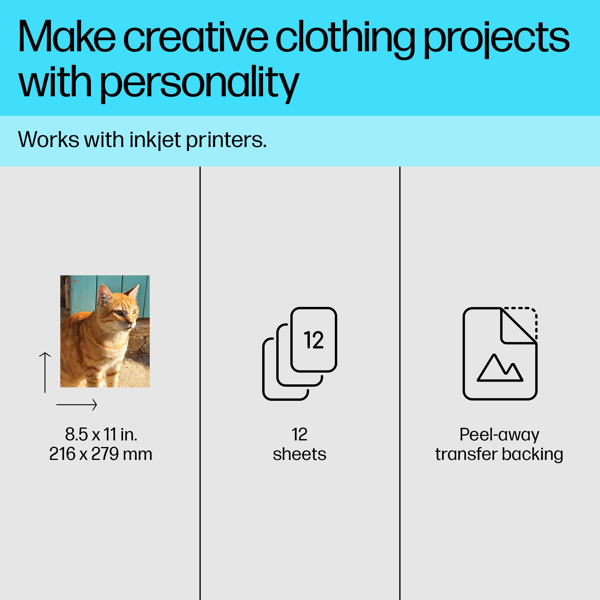 HP C6049A Iron-On Transfer Paper 8.5x11 Inches - 12 Sheets Pack for Inkjet Printers | Create Vibrant Photo & Graphic Transfers on T-Shirts, Clothes, Pillows | DIY Custom Apparel, Home Decor & Craft Projects