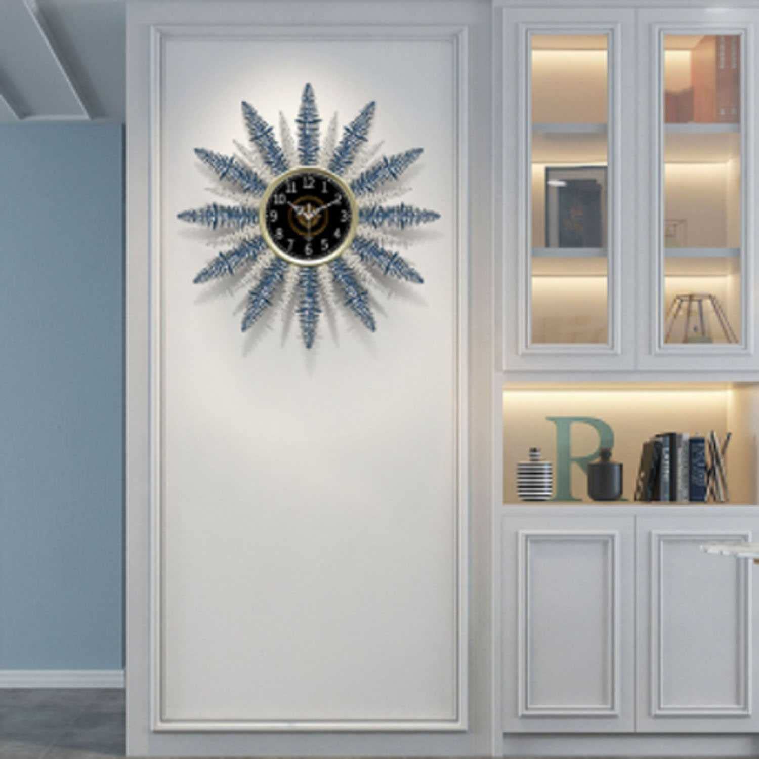 Vintage Starburst Wall Clock - 22 Inch Large Retro Colorful Clock with Blue Leaf Design, Nordic Style Home Decor for Living Room, Bedroom & Office