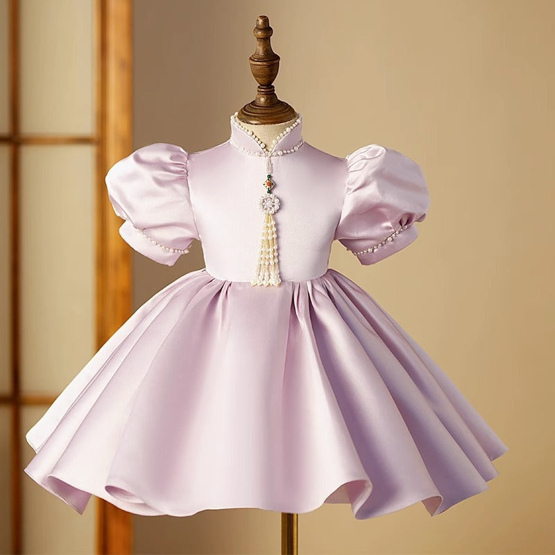 Elegant Baby Girls Lilac Puff Sleeve Pearl Stand Collar Princess Dress - Toddler Flower Girl Party Dress for Birthday, Wedding & Special Occasions