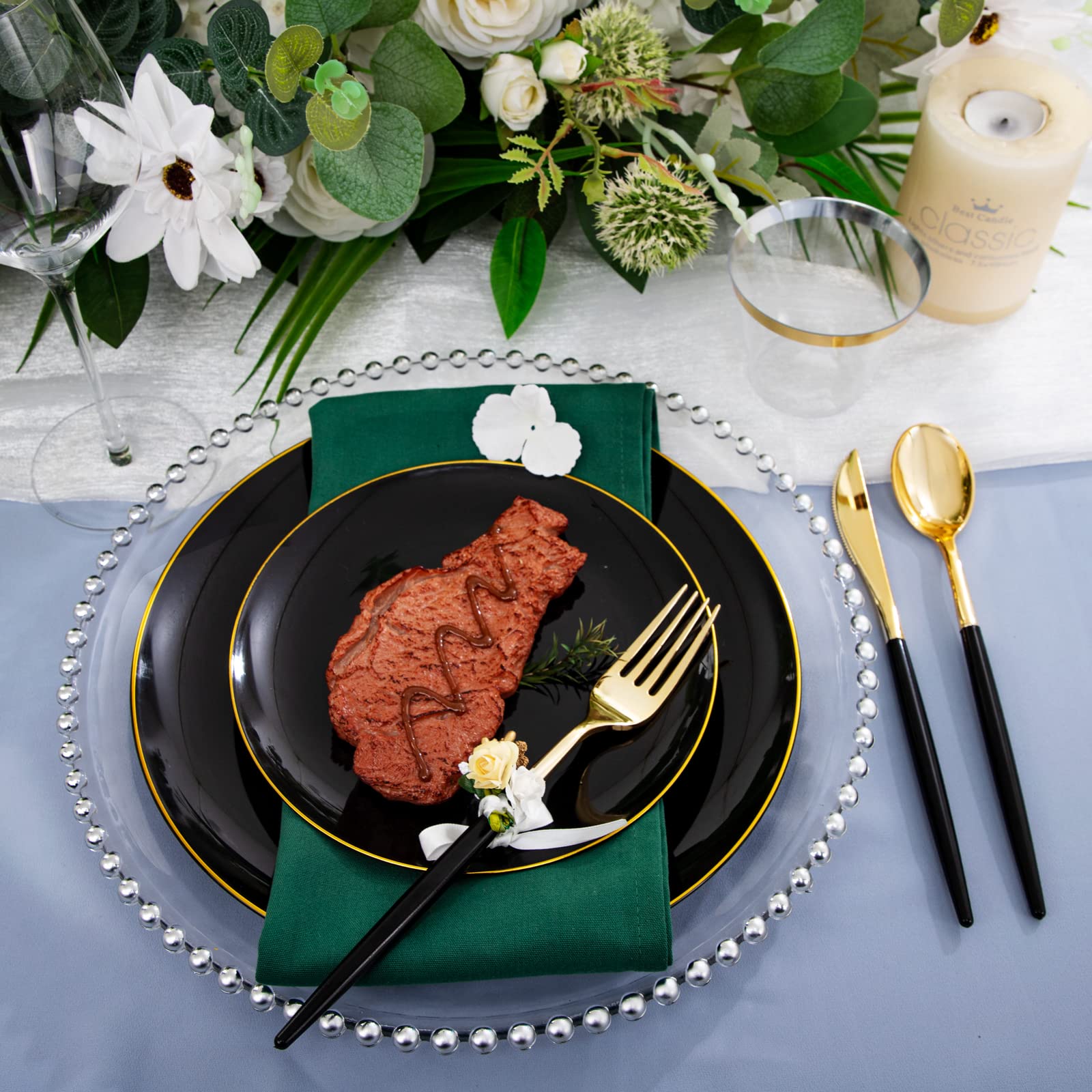 LIYH 210-Piece Black & Gold Plastic Dinnerware Set - Disposable Plates, Silverware, Cups & Napkins for Parties, Weddings, New Year's Eve & Special Events - Elegant Black Dinner Plates with Gold Cutlery for Formal Dining & Catering