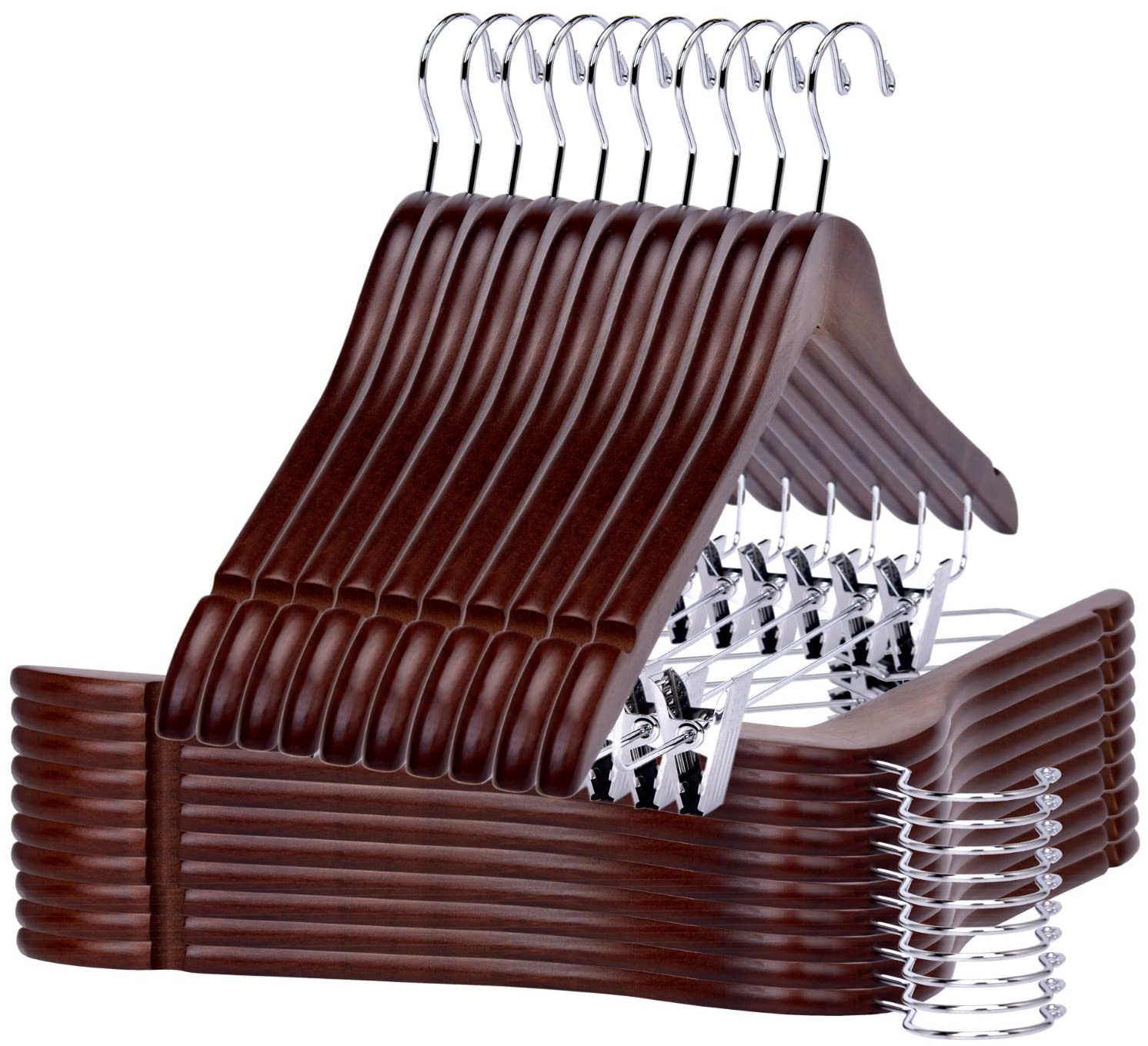 Premium 80-Pack Wooden Skirt & Pants Hangers with Adjustable Chrome Metal Clips - Swivel Hook for Coats, Jackets, Blouses & Suits (Walnut Finish) - Space-Saving Closet Organization for Home & Retail Stores