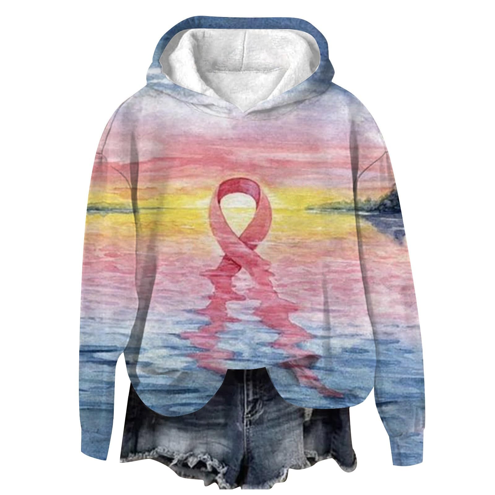 Women's Long Sleeve Breast Cancer Awareness Hoodie with Pink Ribbon Design - Comfortable Supportive Sweatshirt for Survivors, Fundraisers & Awareness Events