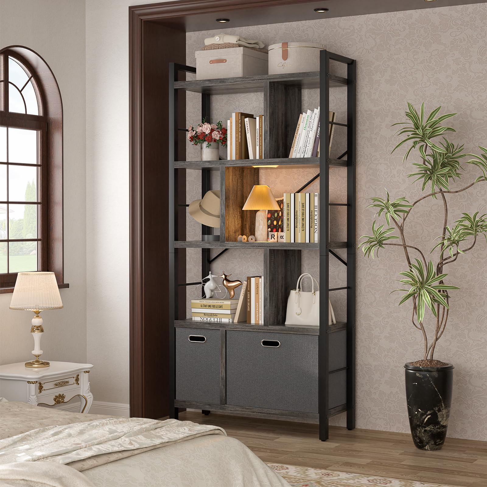 Armocity 5-Tier Tall Bookshelf with Drawers - Wood & Metal Bookcase for Living Room, Bedroom & Office Storage