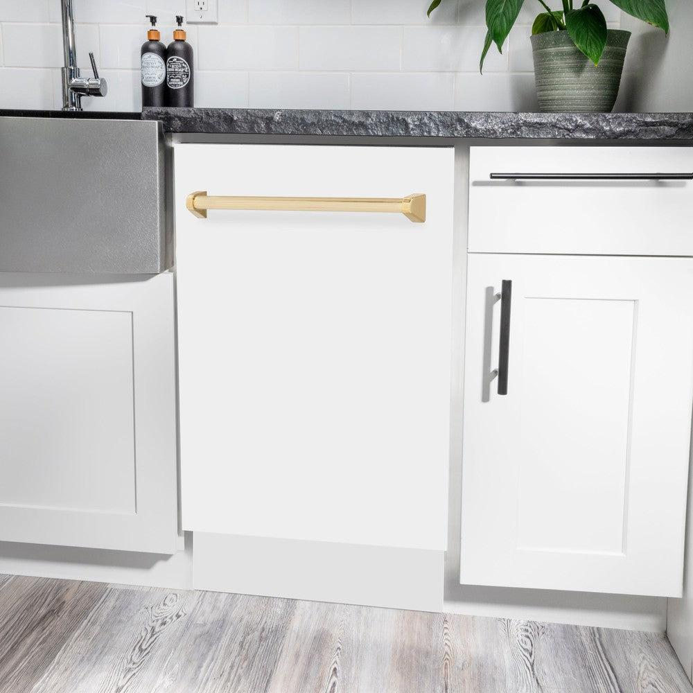 ZLINE Autograph Edition 18-Inch Compact Dishwasher with 3rd Rack - White Matte Finish & Polished Gold Handle, Ultra Quiet 51dBa (DWVZ WM 18 G) - Perfect for Small Kitchens, Apartments, and RV Living