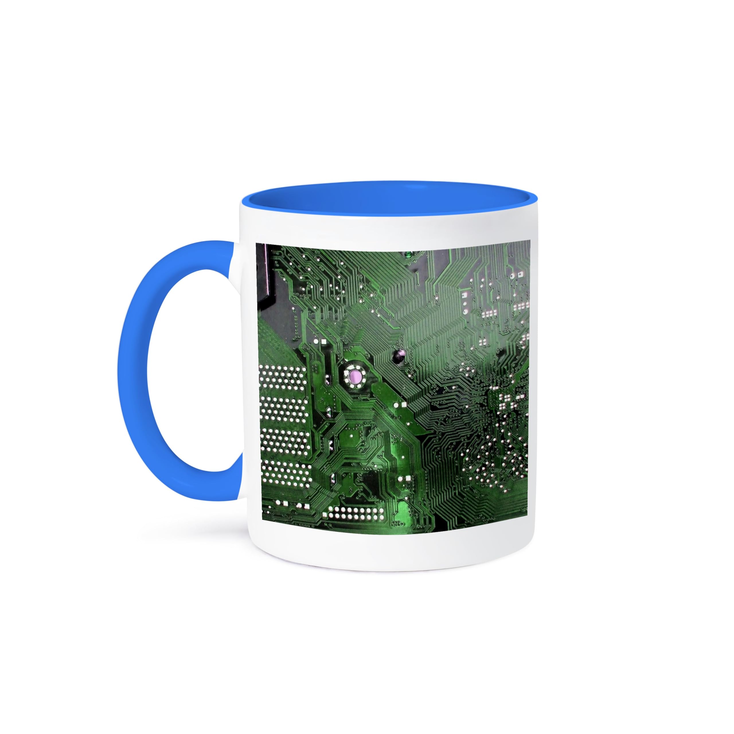 3D Rose Blue and White 11 oz Two-Tone Coffee Mug - Green Computer Chip Macro Photography Microchip Motherboard Electronics Circuits Design - Perfect for Tech Enthusiasts, Office Use, and Gift Giving
