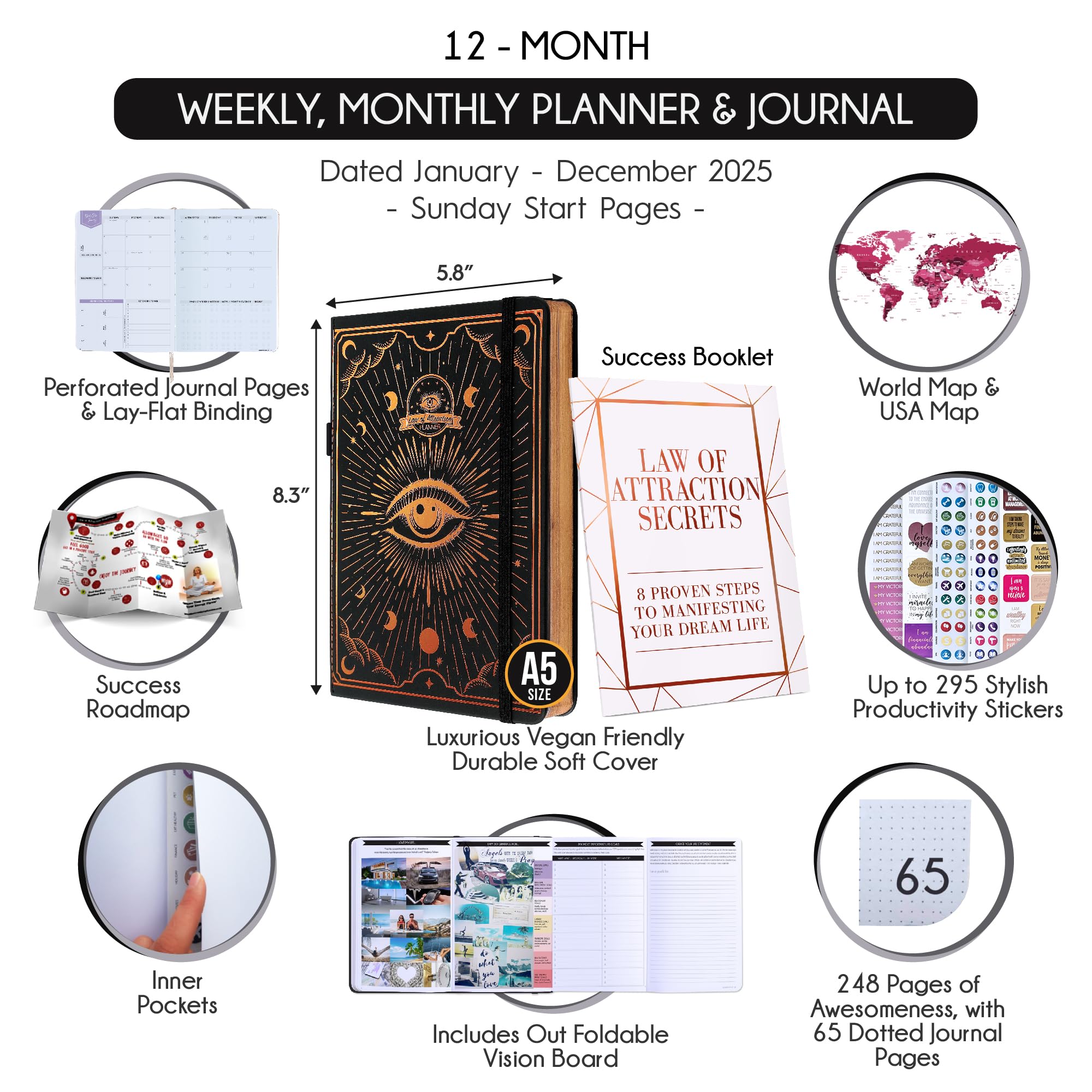 2025 Law of Attraction Planner - Hourly Weekly Monthly Goal Setting Organizer | 12-Month Productivity Journal with Gratitude Tracking, Foldable Vision Board, Stickers & Gift Box - Perfect for Manifestation, Self-Improvement & Daily Planning