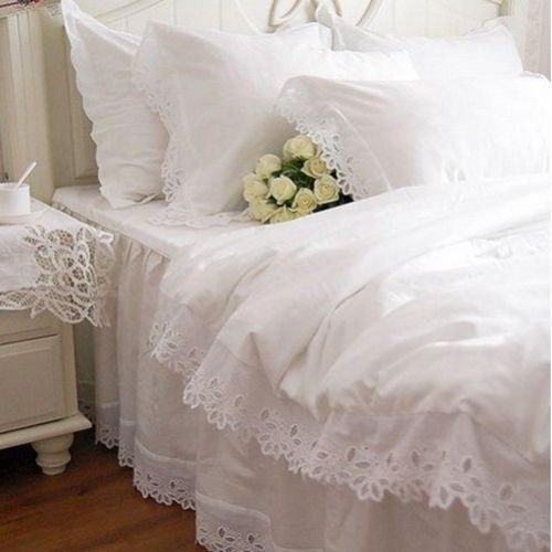 Shabby Chic Swan Lake White Cutwork Lace Cotton Duvet Cover Set - Twin Size 1116 | Elegant Bedroom Decor for Guest Rooms & Master Suites