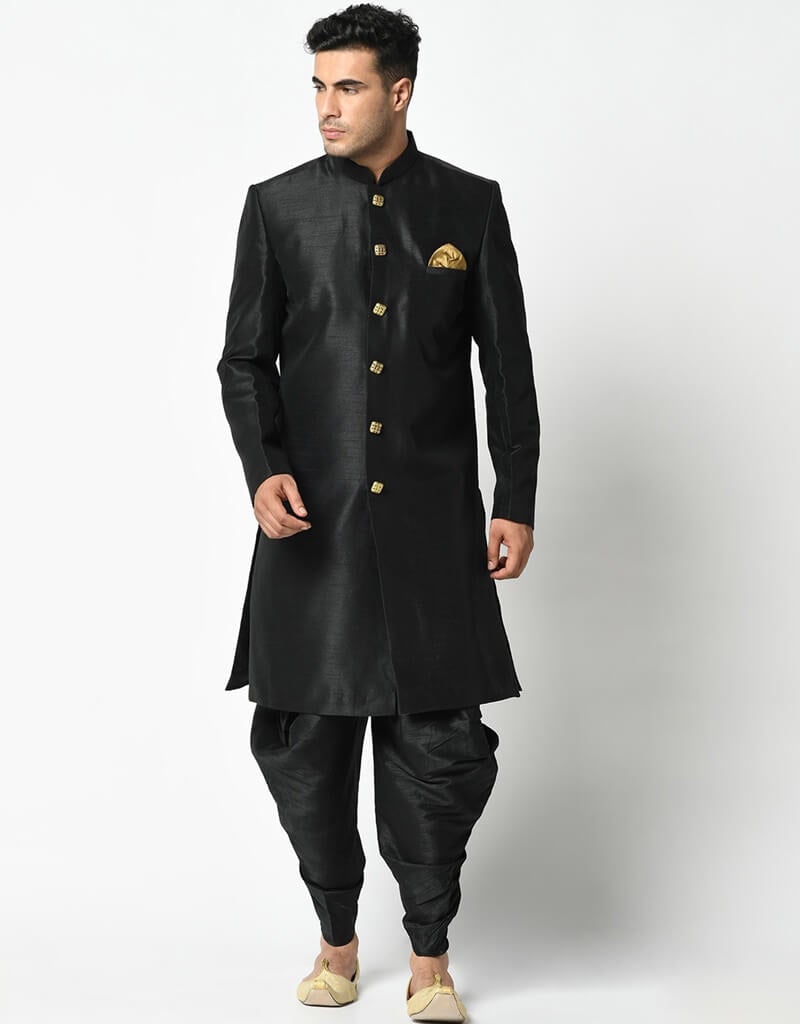 Black Kurta Dupion Silk Dhoti Set for Men - Premium Indian Traditional Wear for Festivals & Weddings