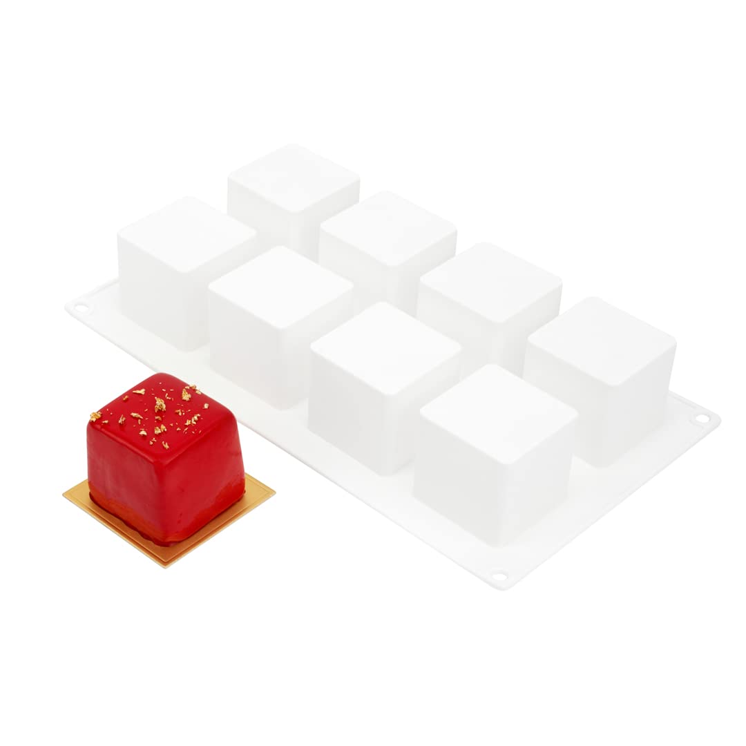 Restaurantware-Pastry Tek 8 Cavity Square Cupcake Pans - 10 Oven-Safe Silicone Molds for Baking, Freezing & Easy Release - Flexible White Petit Four Cake Molds for Home Bakers & Professional Chefs - Perfect for Parties, Weddings & Dessert Shops