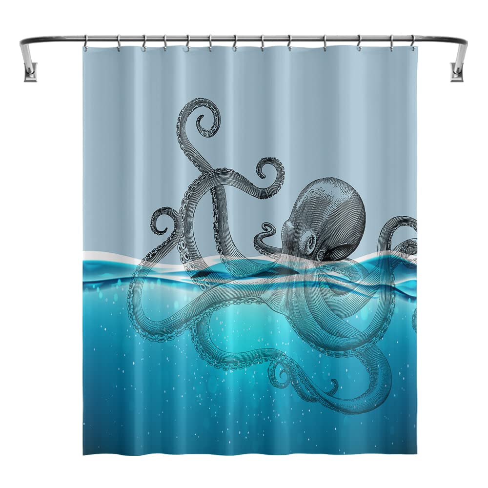 YUYASM Vintage Octopus Shower Curtain - Marine Kraken Sea Monster Tentacle Ocean Design in Black & Blue - Waterproof Fabric Bathroom Decor with Plastic Hooks (70x78 Inch) - Perfect for Coastal, Nautical or Fantasy Themed Bathrooms