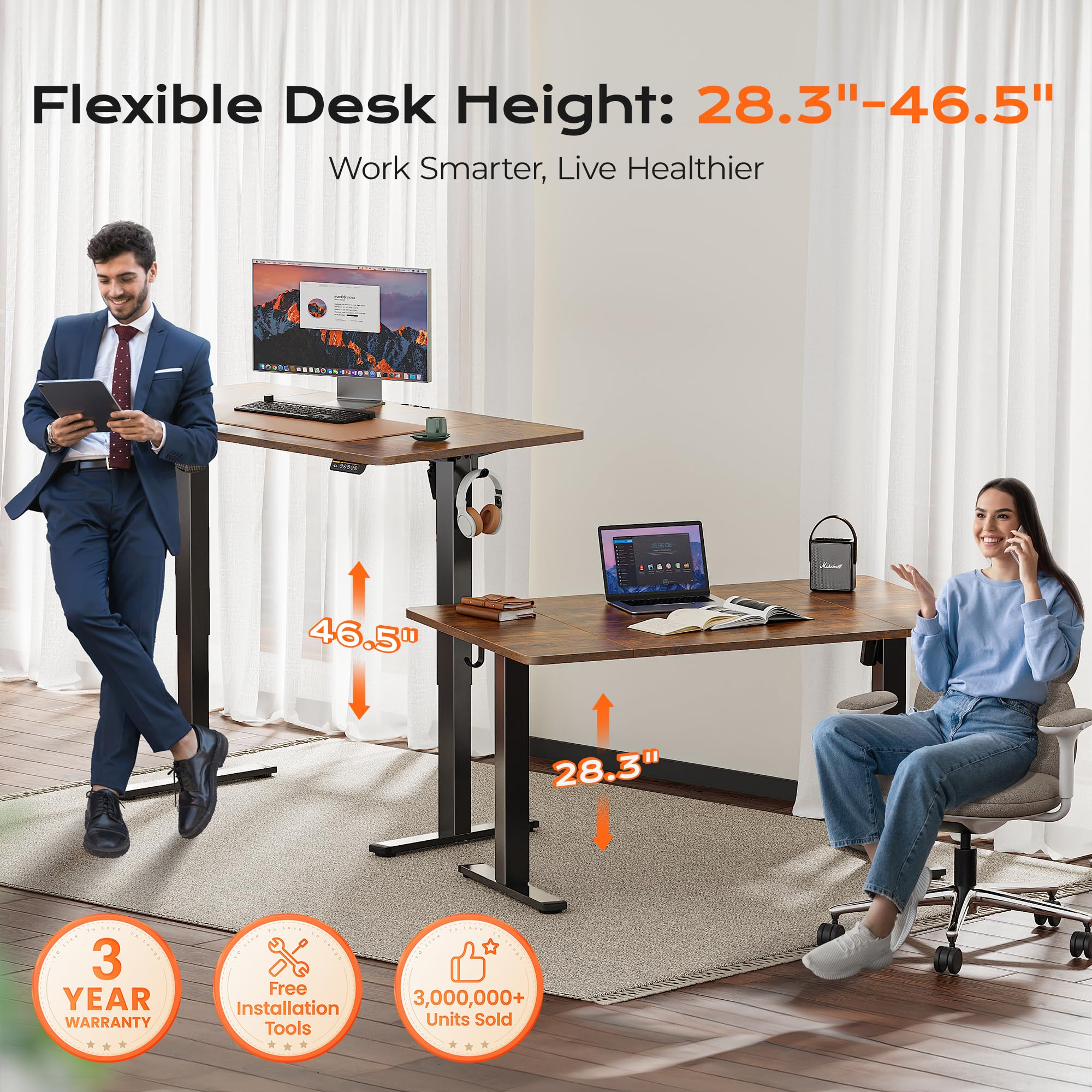 Huuger 55 x 28 Inches Large Electric Standing Desk - Height Adjustable Computer Desk with 27.6