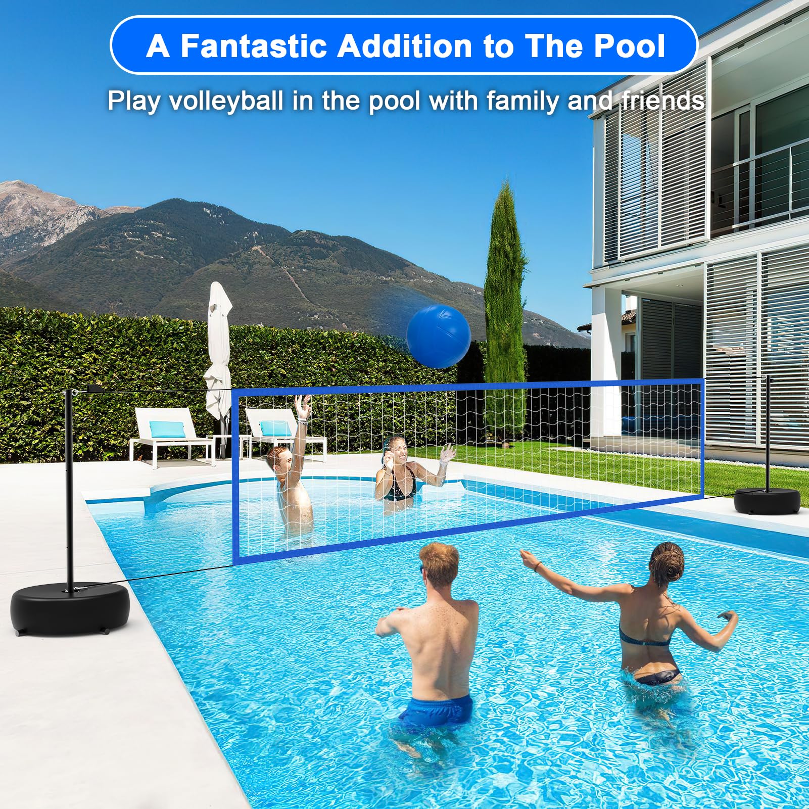 Solar Powered Pool Volleyball Net Set with LED Lights - Portable Outdoor Volleyball Net for Inground Pools, Includes 2 Glowing Balls, Pump & Weighted Bases, Adjustable Length 15ft-32ft - Perfect for Backyard Parties, Beach Games & Summer Pool Fun