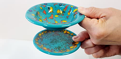 Handmade Turquoise Fused Glass Bowl with Saucer - Elegant Serving Dish, Unique Housewarming Gift for Kitchen, Dining & Home Decor