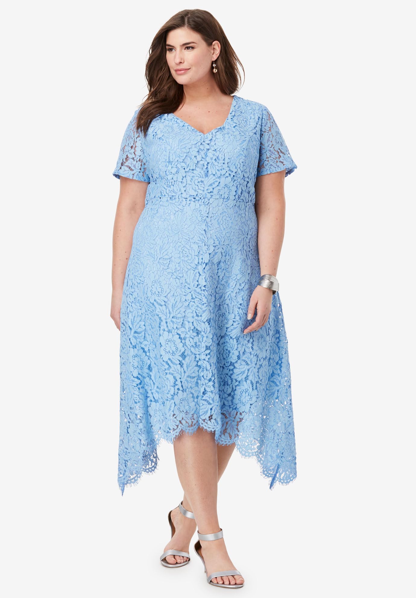 Jessica London Women's Plus Size Lace Handkerchief Dress - Elegant Floral Lace Midi Dress for Weddings, Parties & Special Occasions