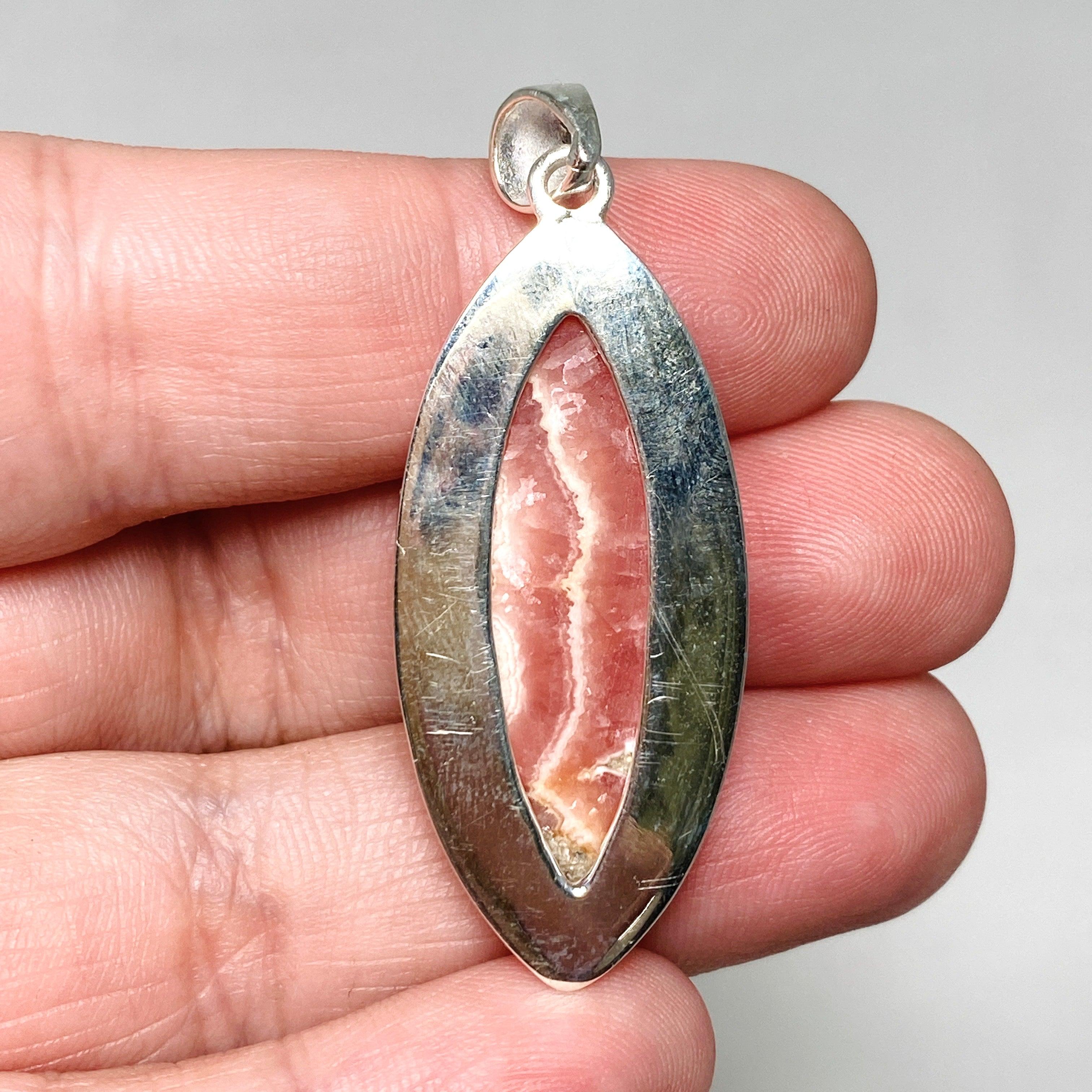 Rhodochrosite Marquise Pendant Necklace - Hammered Sterling Silver Setting KPGJ4331 | Elegant Jewelry Gift for Women, Perfect for Valentine's Day & Anniversary