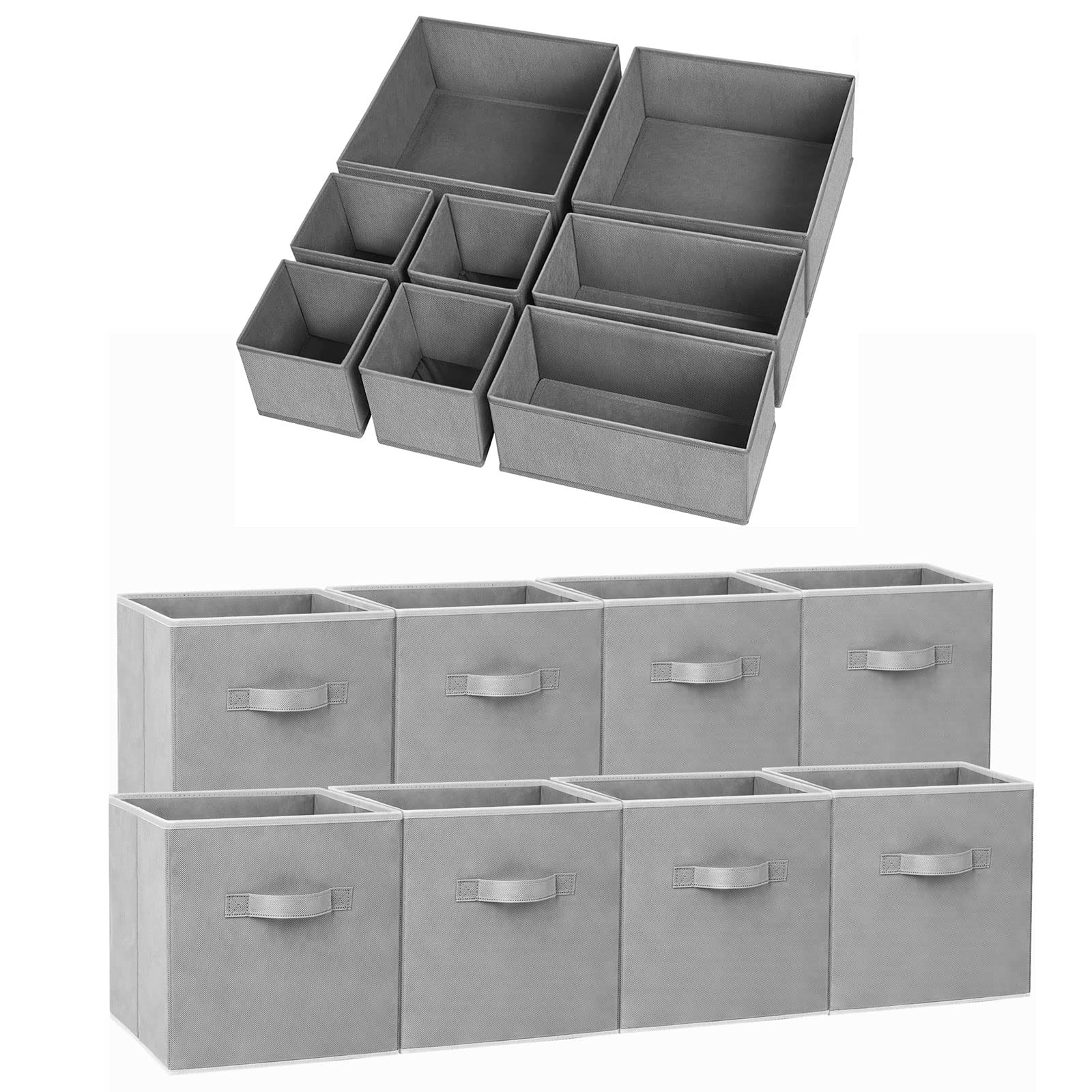 8-Pack 11-Inch Fabric Storage Cubes & 8-Pack Bra Sock Underwear Drawer Organizers - Closet Organization Solutions for Bedroom, Nursery, and Office Storage Needs