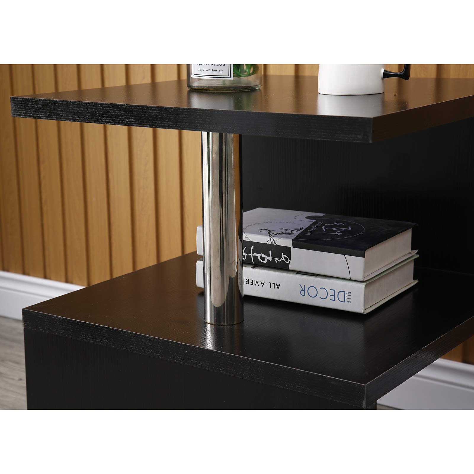 Modern LED Coffee Table & Nightstand - High Gloss White End Table with S-Shaped Design & Open Shelves - MDF Bedside Cabinet for Living Room, Bedroom - Perfect for Small Spaces, Studio Apartments & Modern Home Decor