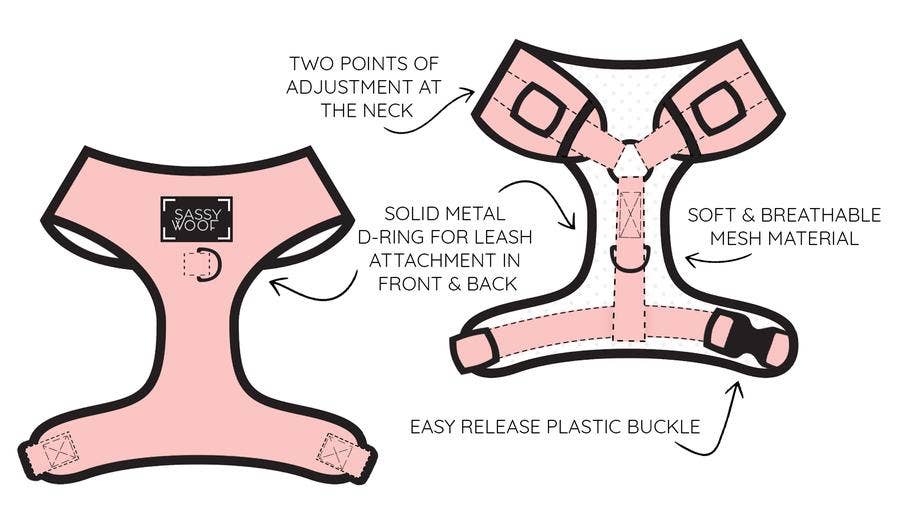 Sassy Woof Adjustable Dog Harness for Small Medium Large Dogs - Reflective & Breathable Pet Vest with 4 D-Ring Leash Attachments (Multiple Colors) - Perfect for Walking, Running, and Outdoor Adventures