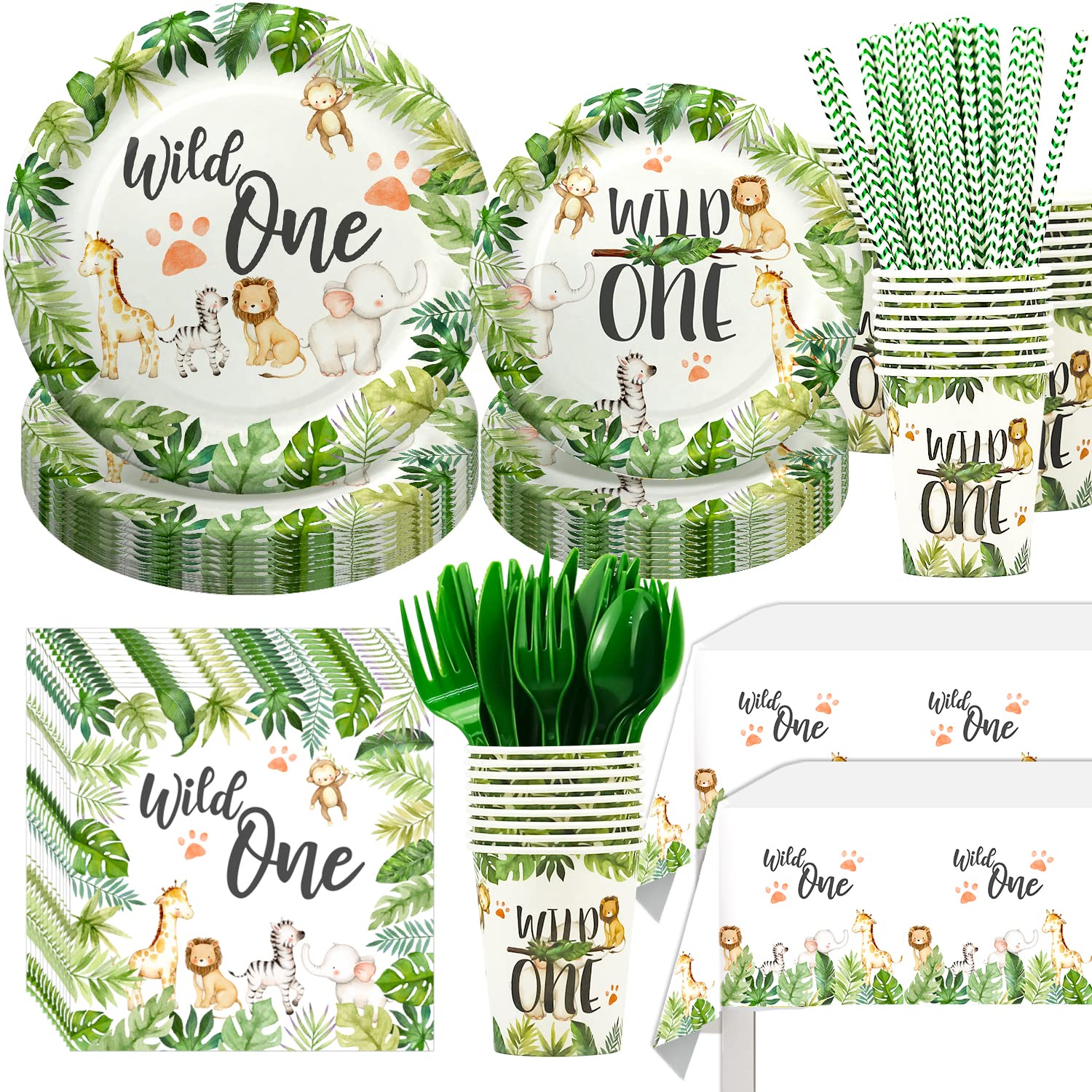 Wild One Birthday Party Supplies - Safari Animal Jungle Theme Tableware Set (Plates, Cups, Napkins, Tablecloth, Straws, Cutlery) for 24 Guests - Perfect for Baby Shower, 1st Birthday & Jungle Themed Parties