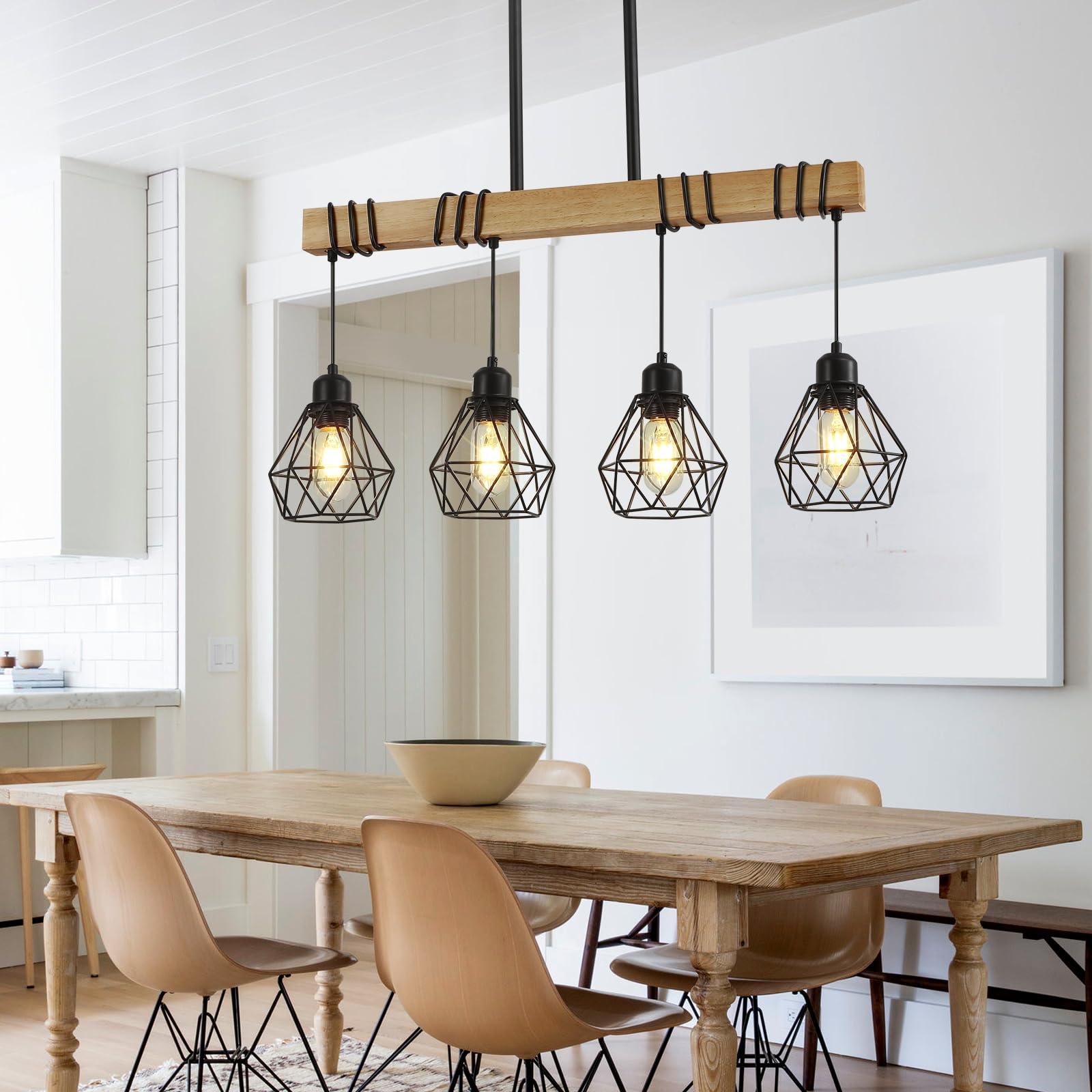 Modern Farmhouse 4-Light Kitchen Island Pendant Light - Black Rustic Wood Linear Chandelier for Dining Room & Table Lighting - Perfect for Farmhouse, Industrial & Rustic Home Decor