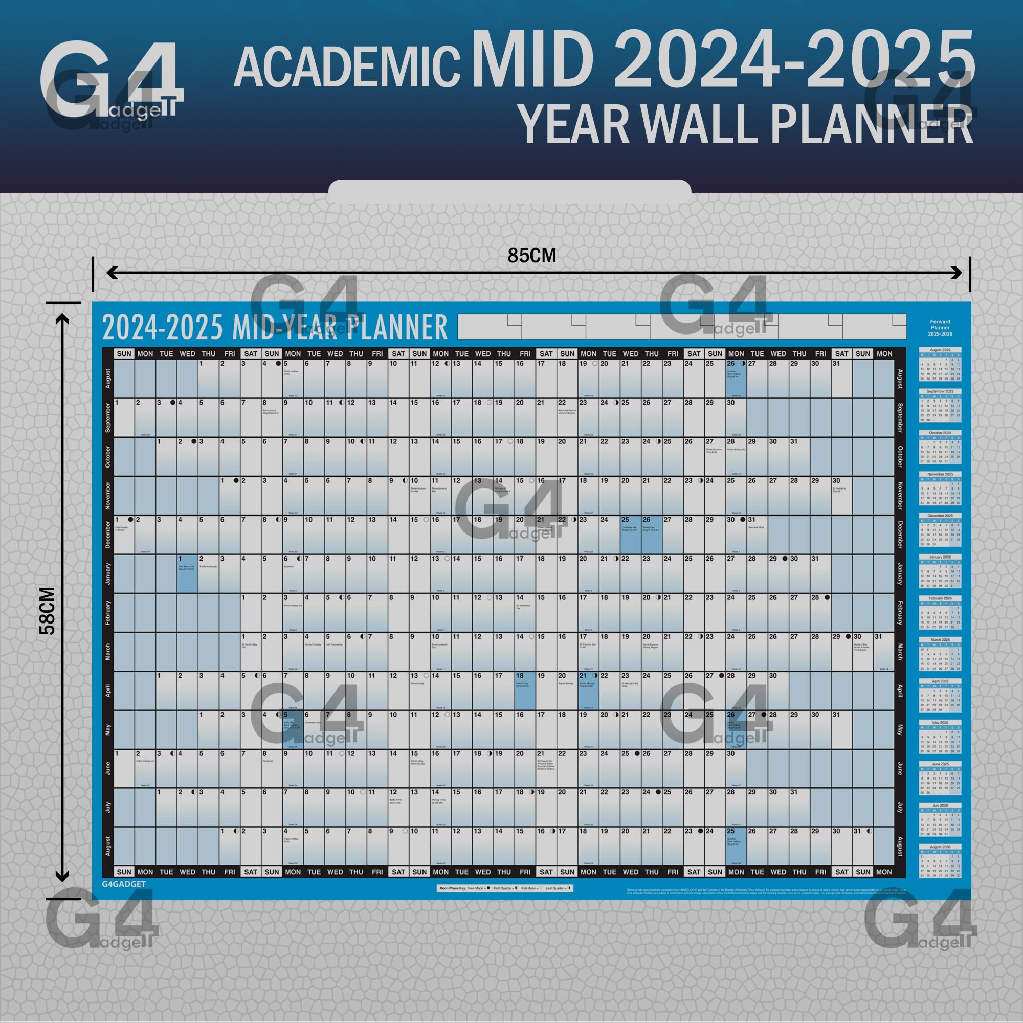 G4GADGET Academic Mid Year Planner 2024-2025 | Large A1 Size Wall Calendar (85cm x 58cm) | 13-Month Yearly Planner with UK Holidays | Perfect for Office, Home & School Organization | Great for Students, Teachers & Professionals