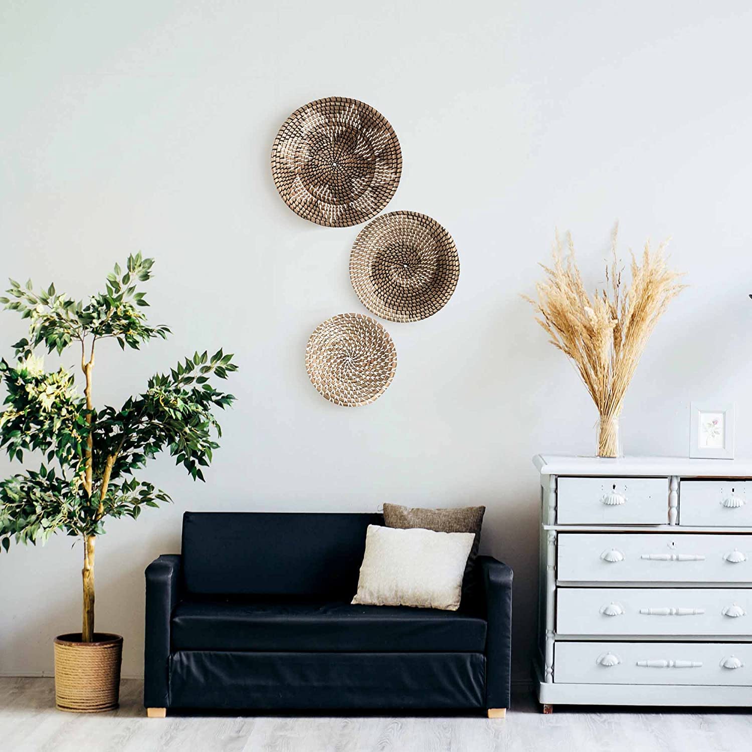 Boho Wicker Baskets Set of 3 - Natural Seagrass Wall Décor for Kitchen, Bedroom & Living Room
