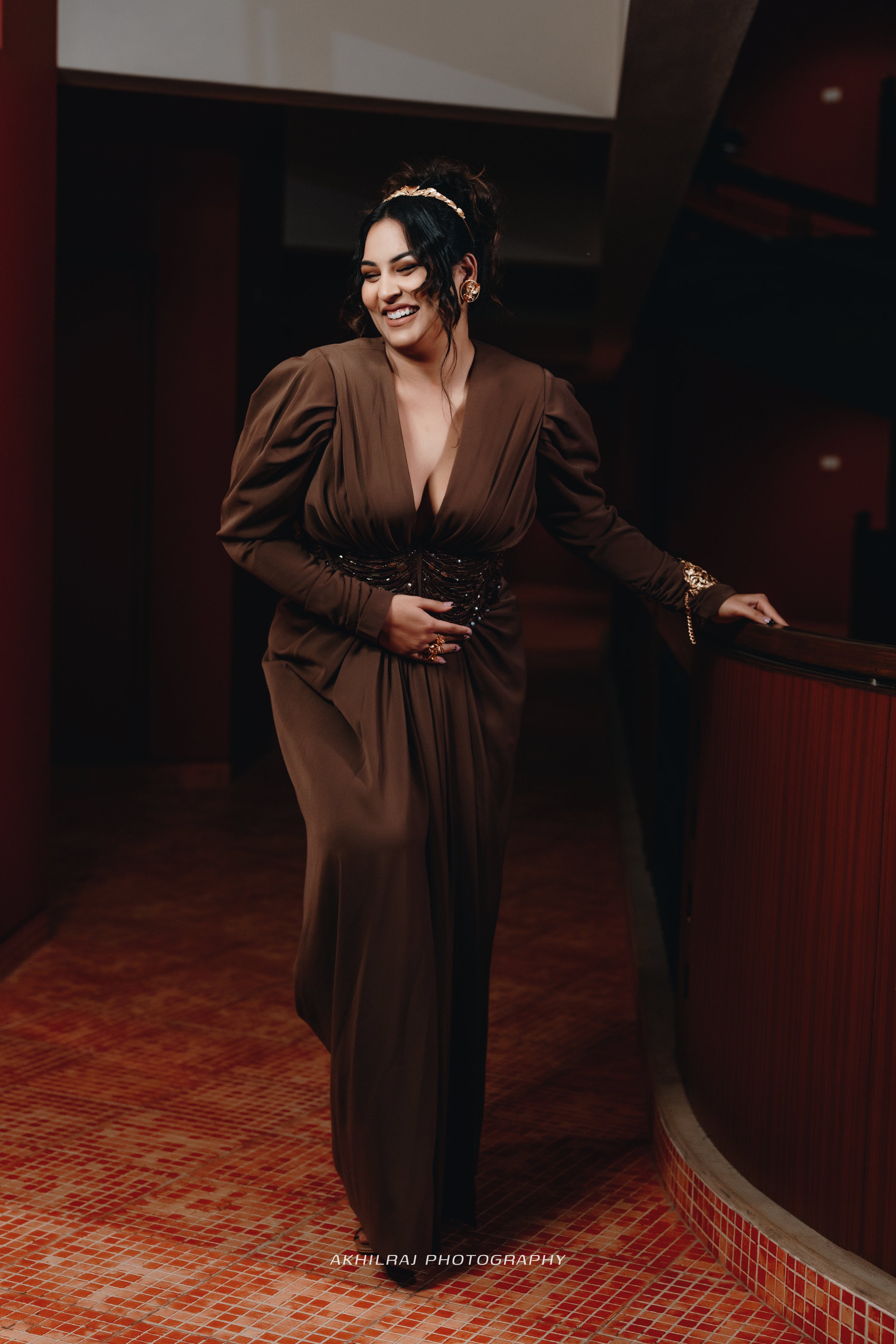 Sakshi Sindhwani Dark Tan Corset Dress with High Slit - Elegant Evening Gown for Parties, Weddings & Special Occasions