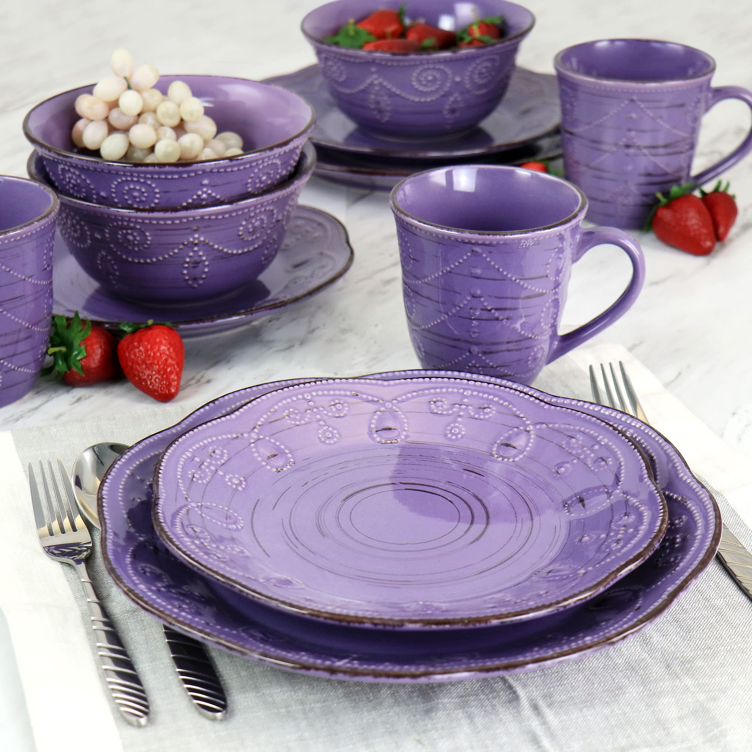 Elama Rustic Birch 16-Piece Stoneware Dinnerware Set - Purple with Brown Accents, Durable Ceramic Plates & Bowls for Everyday Dining, Dinner Parties & Family Gatherings (EL-RUSTICBIRCH)