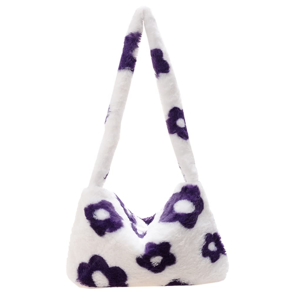 2022 Women's Plush Flower Print Shoulder Bag - Elegant Faux Fur Underarm Purse, Fluffy Tote Handbag for Women | Perfect for Parties, Dating & Winter Fashion Accessories