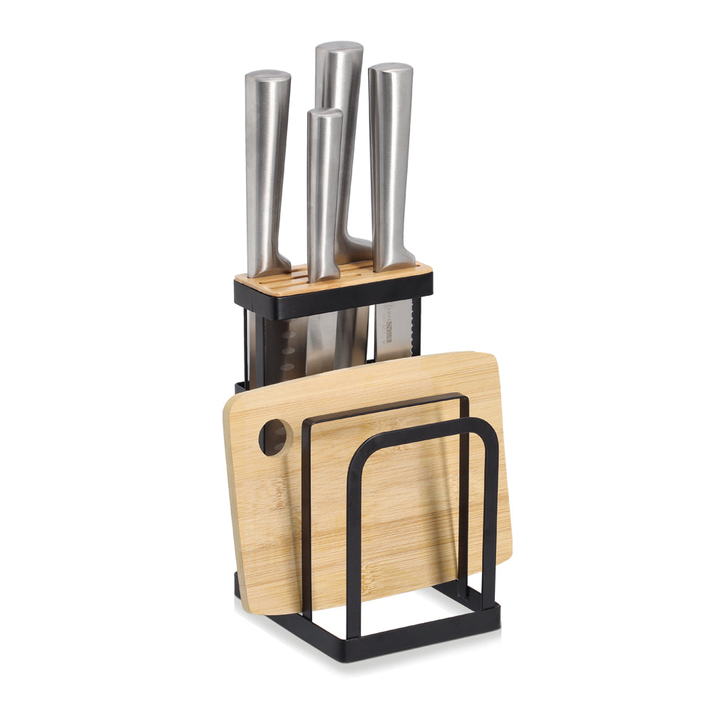 Premium Knife Block and Cutting Board Stand Set - Durable Metal & Bamboo Construction in Sleek Black | Perfect for Kitchen Organization & Safe Knife Storage