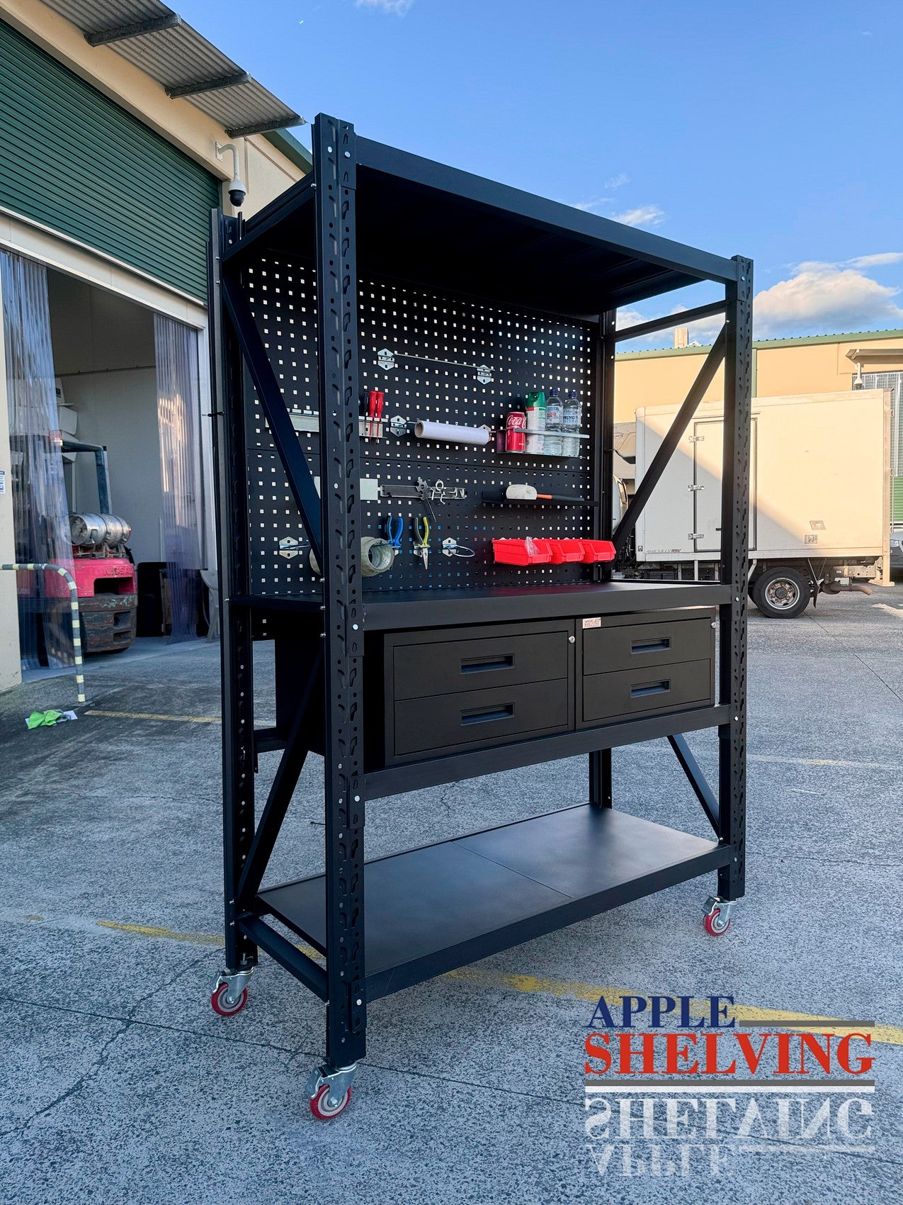 1.5m (5ft) Heavy Duty Steel Pegboard Workbench with 4 Drawers - Perfect for Garage, Workshop & DIY Projects