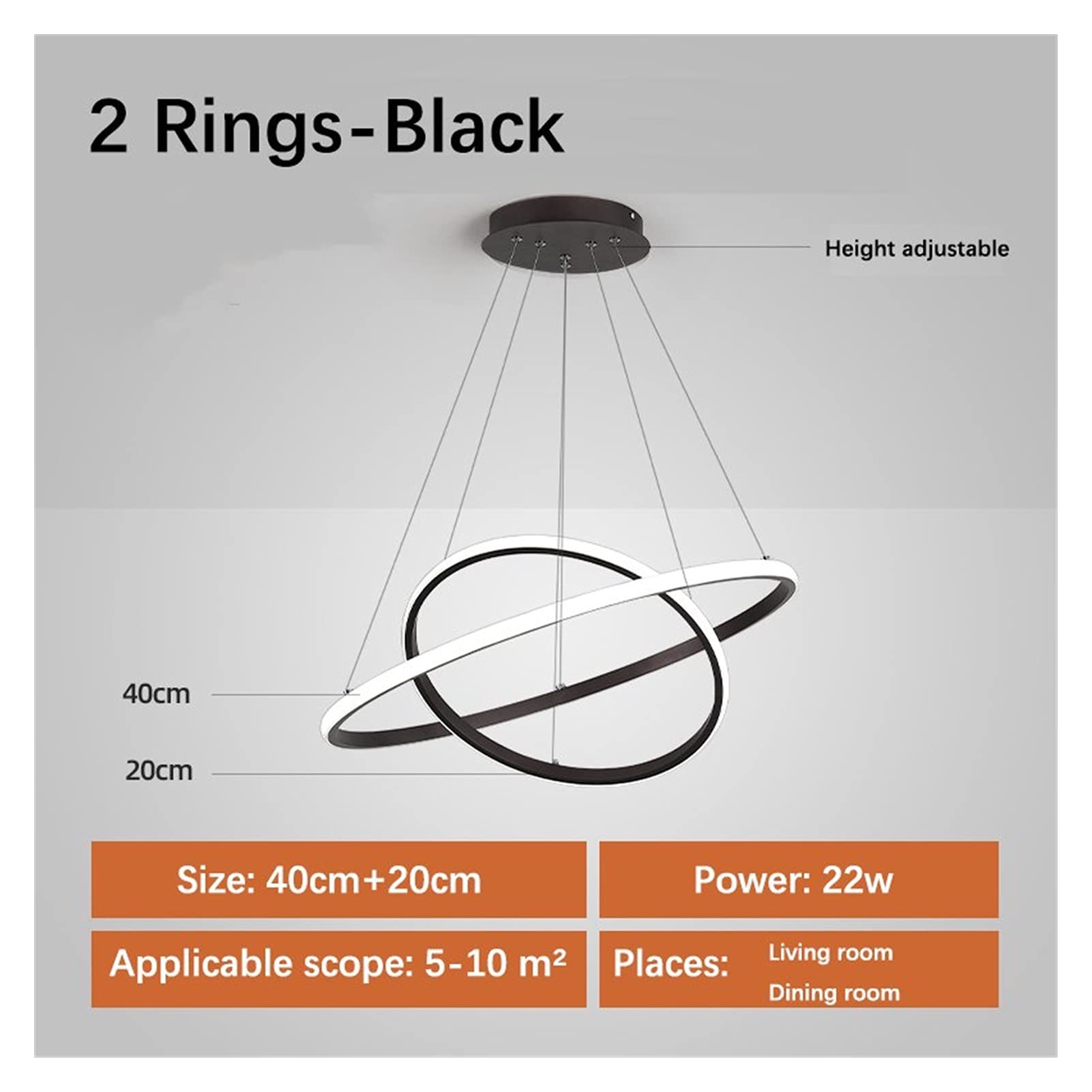 Modern LED Chandelier Light Fixture - Remote Control Rectangle White Ceiling Lamp for Living Room, Bedroom, Kitchen | Dimmable Hanging Light with 2 Rings (20-40cm) | Perfect for Home Decor, Dining Areas & Interior Lighting